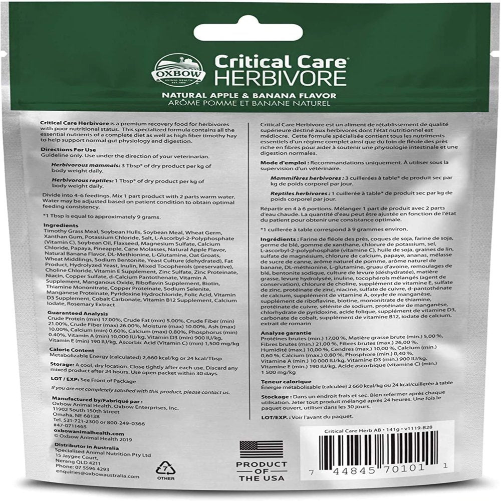 Oxbow Animal Health Critical Care Apple Banana Premium Recovery Food 141G 3-Pack Animals & Pet Supplies > Pet Supplies > Small Animal Supplies > Small Animal Food unknown