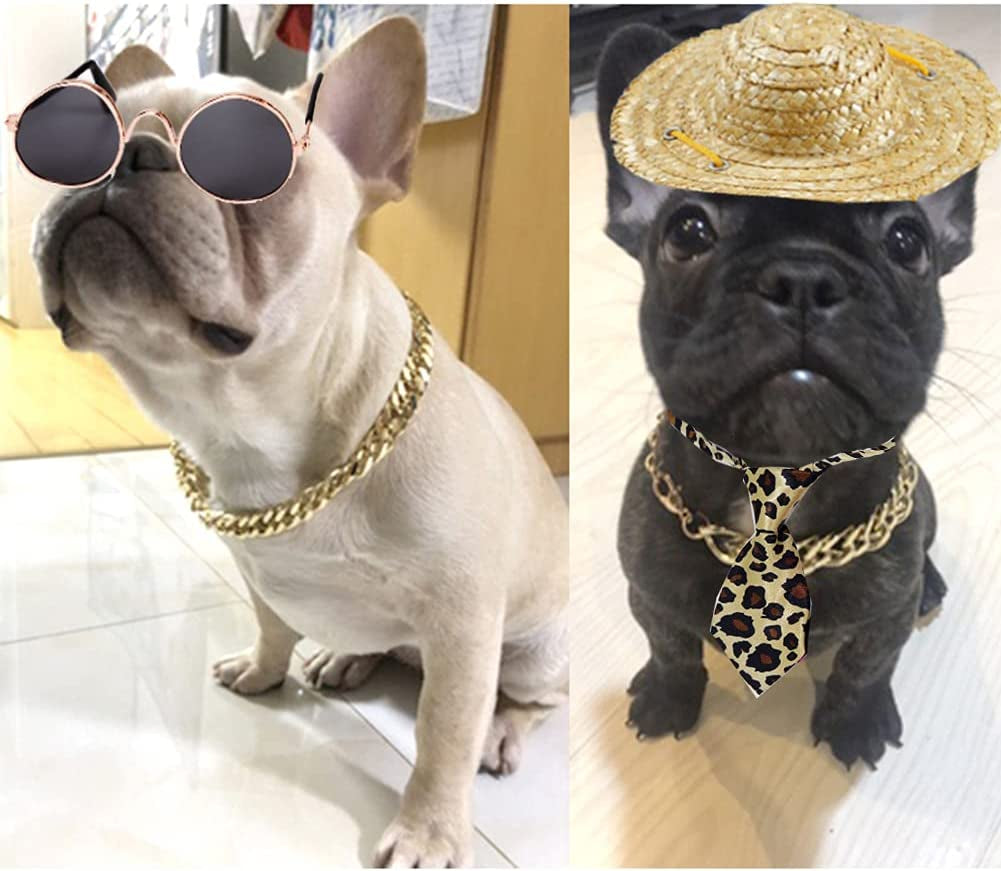 4Pcs Cat Glasses Cat Gold Chain Necktie and Straw Hat, Fashion Cool Pet Sunglasses Adjustable Pet Gold Chain Set Classic Funny Pet Accessories for Cats and Small Dogs Animals & Pet Supplies > Pet Supplies > Dog Supplies > Dog Apparel Yosbabe