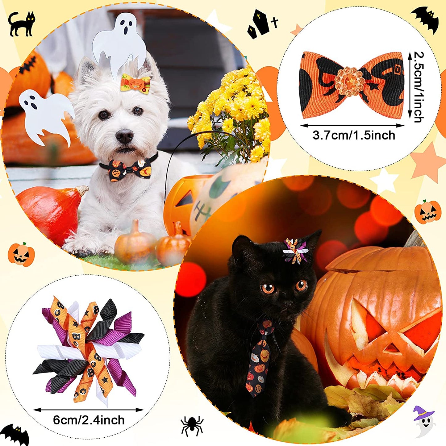 34 Pieces Halloween Dog Bow Ties Collar Set Includes 22 Dog Bowknot Hair Bows with Rubber Bands,6 Dog Neckties,6 Dog Bowties with Adjustable Dog Pet Cat Costume Accessories for Halloween Supplies Animals & Pet Supplies > Pet Supplies > Dog Supplies > Dog Apparel Frienda