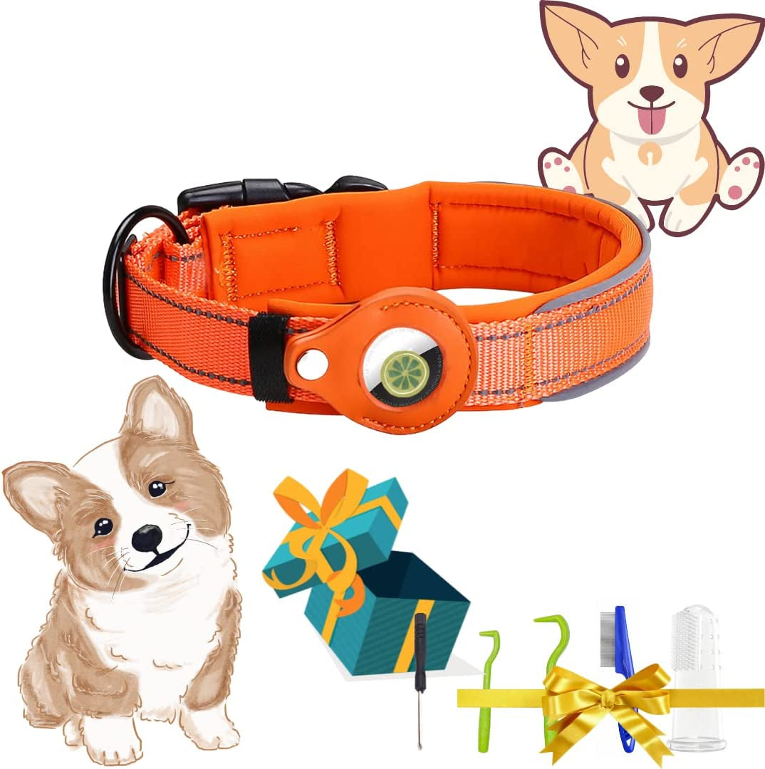 Dog Tracking Collar for Apple Airtag- Reflective Pet Collar with Airtag Holder Case, Adjustable, Durable, Stylish, Padded, Heavy-Duty Dog Collars - S, M, L, XL Size Electronics > GPS Accessories > GPS Cases ELLOY Orange L 