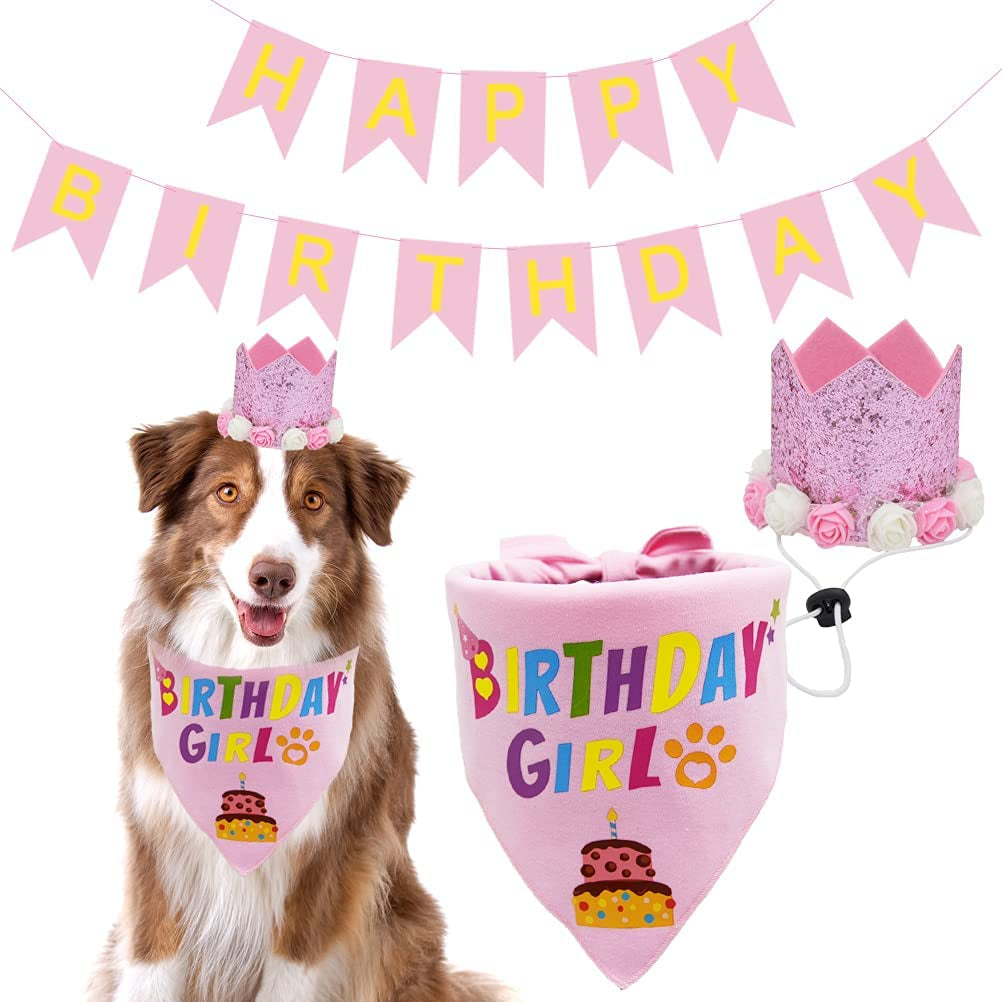 Covoroza Dog Birthday Bandana Scarfs Cute Bling Party Hat and Banner Birthday Boy Pattern for Medium to Large Dogs Blue Animals & Pet Supplies > Pet Supplies > Dog Supplies > Dog Apparel Covoroza Blue,Pink Birthday Girl