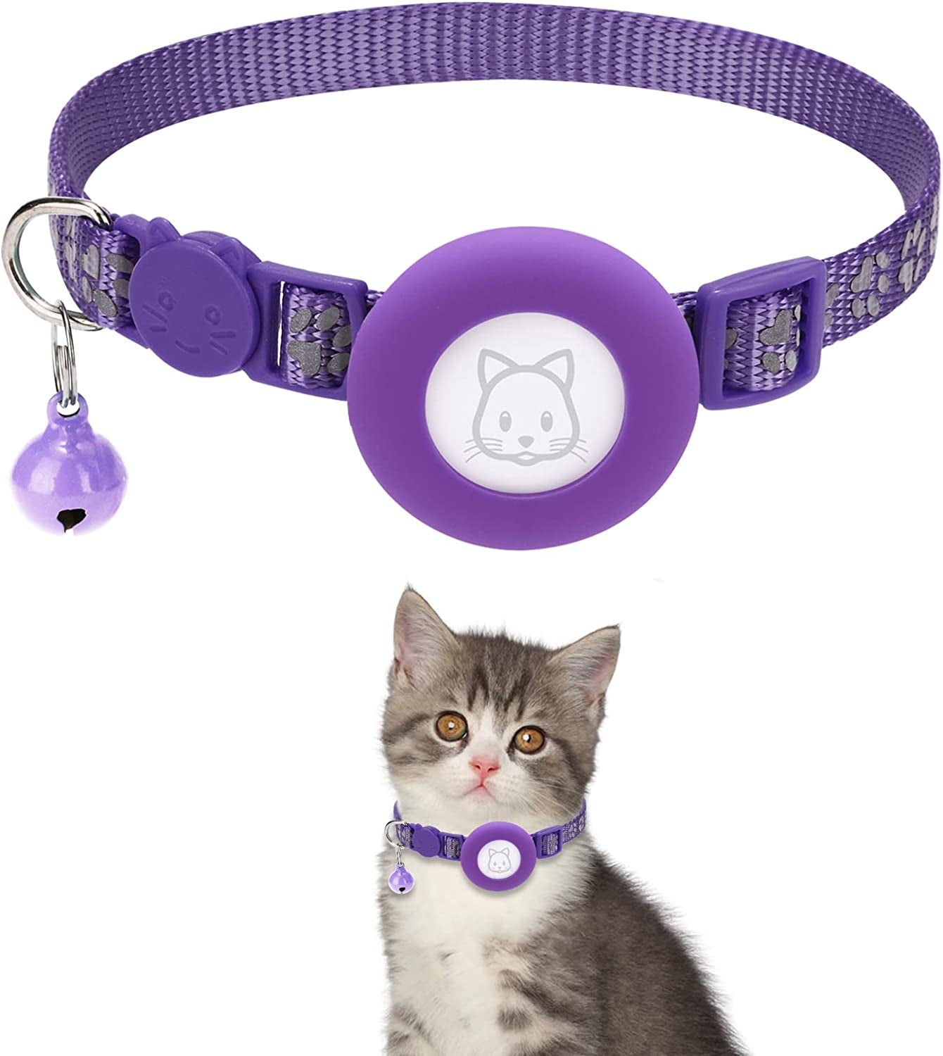 Airtag Cat Collar with Breakaway Bell, Reflective Paw Pattern Strap with Air Tag Case for Cat Kitten and Extra Small Dog (Pink) Electronics > GPS Accessories > GPS Cases Kuaguozhe Purple  