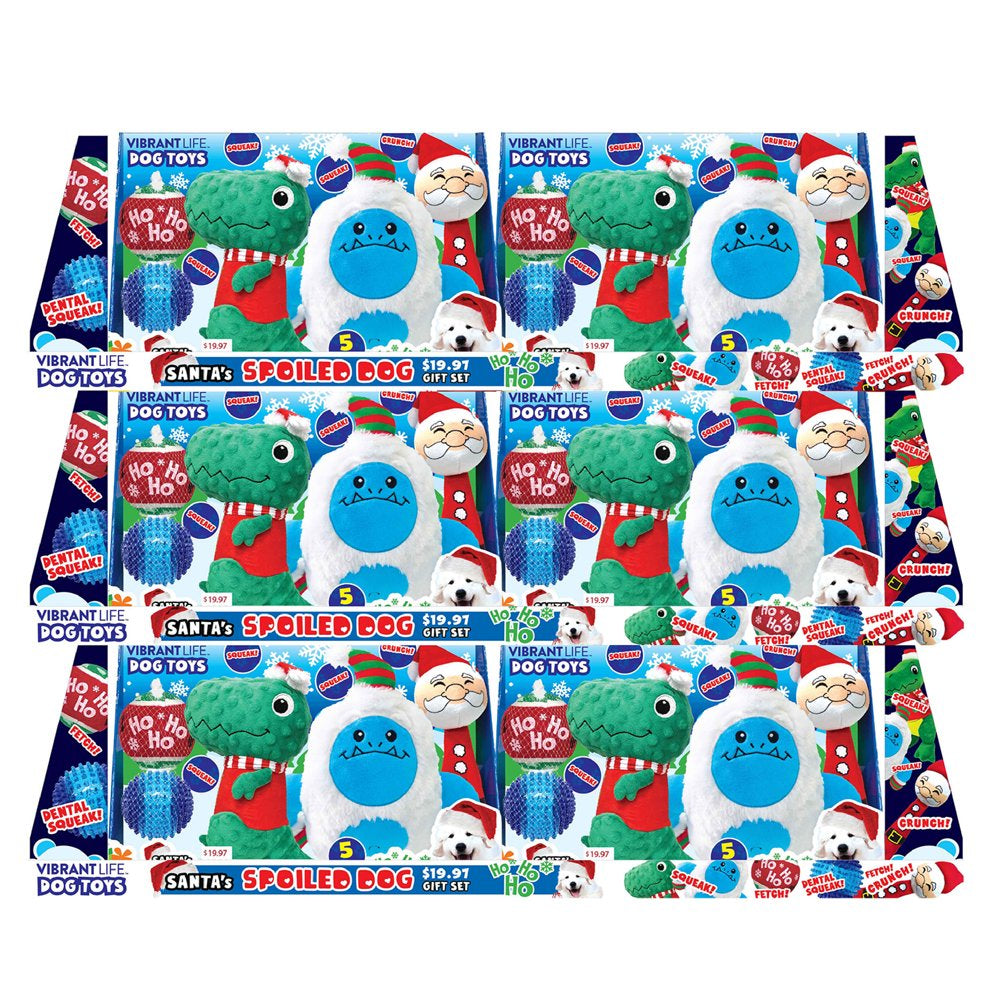 Vibrant Life Santa'S Spoiled Dog Toy 5-Piece Gift Set for Christmas, Five Fetch & Squeak Dog Toys - Blue Animals & Pet Supplies > Pet Supplies > Dog Supplies > Dog Toys Little Gifts Inc.
