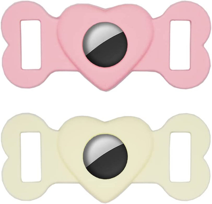 AMERSIS Case Compatible with Apple Airtag (2 Pack) Airtag Dog Collar Holder Pet Cat Loop Holder Dog Collar GPS Tracker Protective Airtag Case for Dog Collar Air Tag Silicone Cover Electronics > GPS Accessories > GPS Cases Amersis Off-White & Pink Heart & Bones