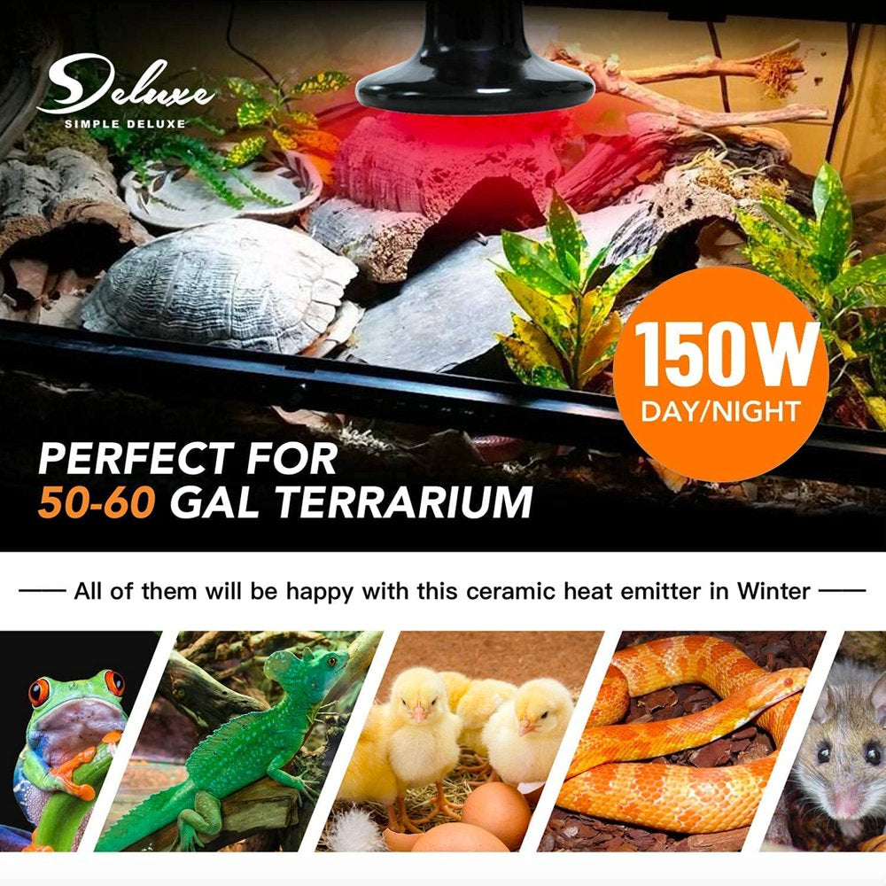 Simple Deluxe 150W Ceramic Heat Emitter Reptile Heat Lamp Bulb No Light Emitting Brooder Coop Heater for Amphibian Pet & Incubating Chicken, 1 Pack/ 2 Pack with Thermometer, Black & White Simple Deluxe