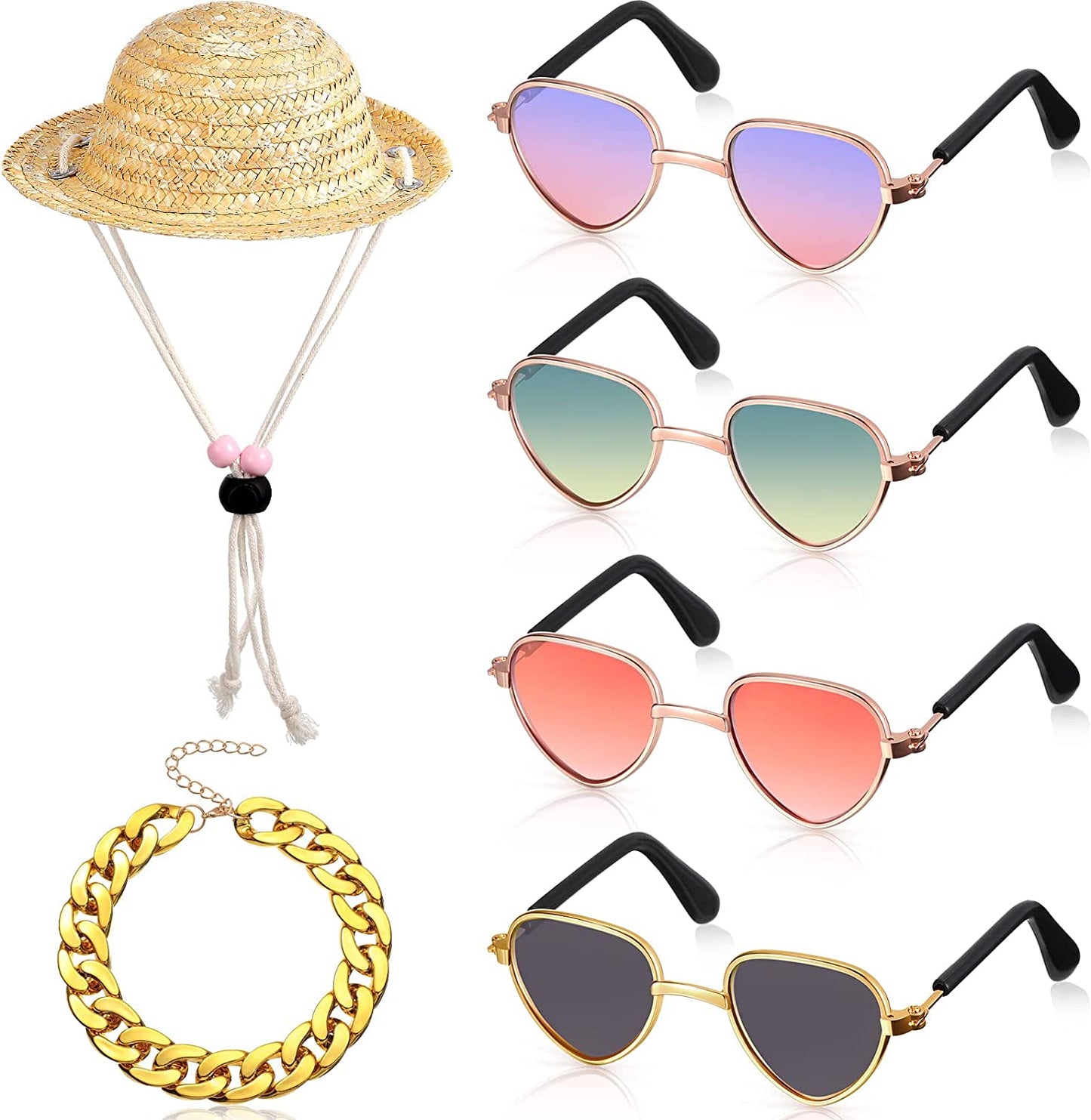 6 Pieces Pet Dog Cat Costume, Pet Sunglasses and Summer Pet Straw Hat with Faux Gold Chain Collar, Classic Funny Pet Accessories for Pet Cat Puppy Small Medium Dog Birthday Cosplay Party (Cute Style) Animals & Pet Supplies > Pet Supplies > Dog Supplies > Dog Apparel Weewooday Heart Style