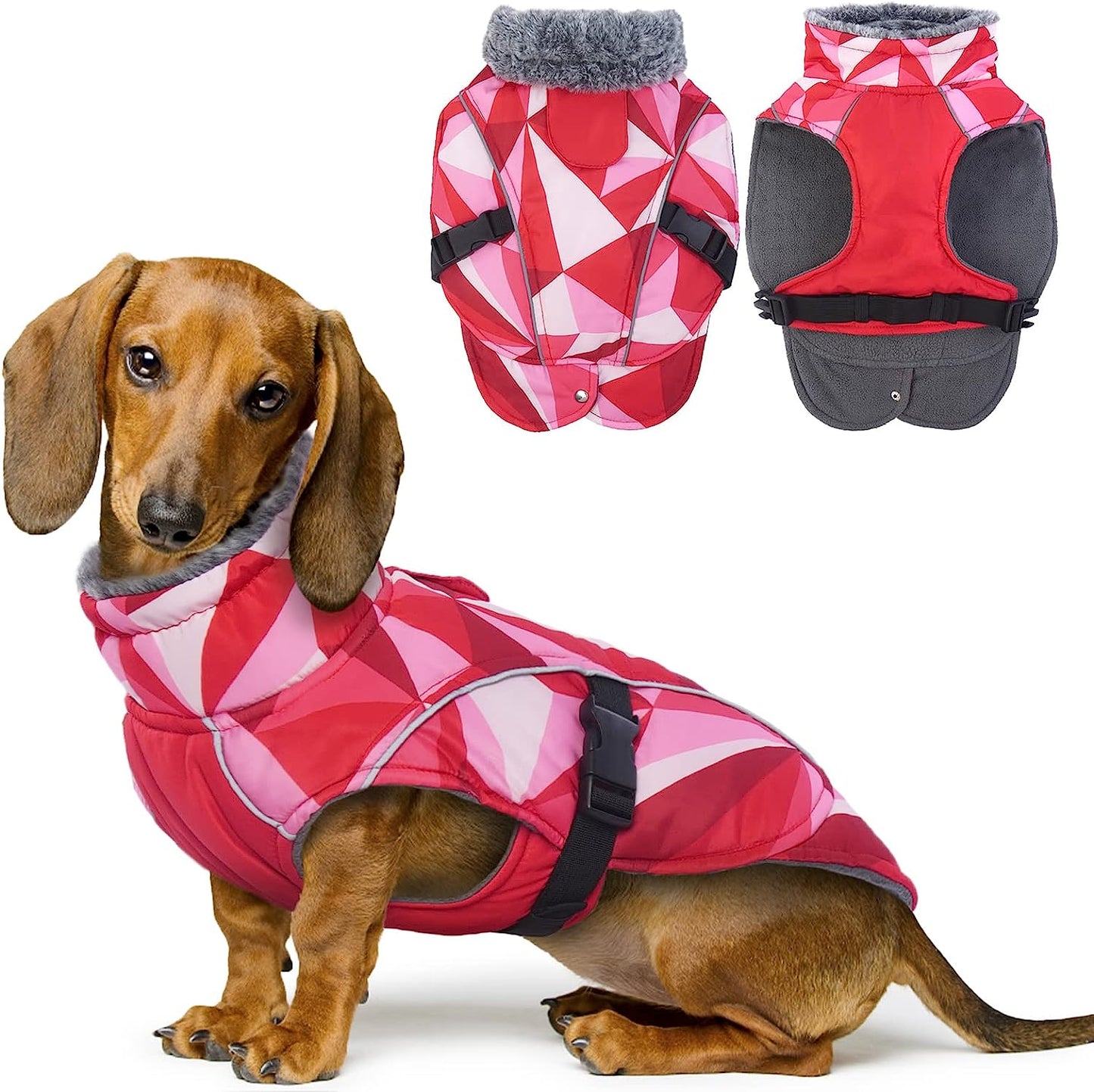 FUAMEY Dog Cold Weather Jacket,Dog Winter Coat with Fur Collar Pet Windproof Warm Vest Doggie Reflective Apparel Small Medium Large Paded Dog Clothes with Leash Hole Thick Dog Fleece Outdoor Coats Animals & Pet Supplies > Pet Supplies > Dog Supplies > Dog Apparel FUAMEY triangle X-Large(chest:24-28in)