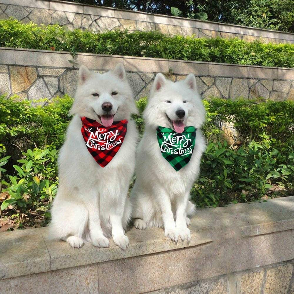 Yoochee 2 Pack Dog Christmas Bandana, Classical Buffalo Plaid Pet Bandana, Reversible Scarf Triangle Bibs Kerchief Set (2 Pack, Red&Green, Merry Chrismas Pattern) Animals & Pet Supplies > Pet Supplies > Dog Supplies > Dog Apparel Yodofol
