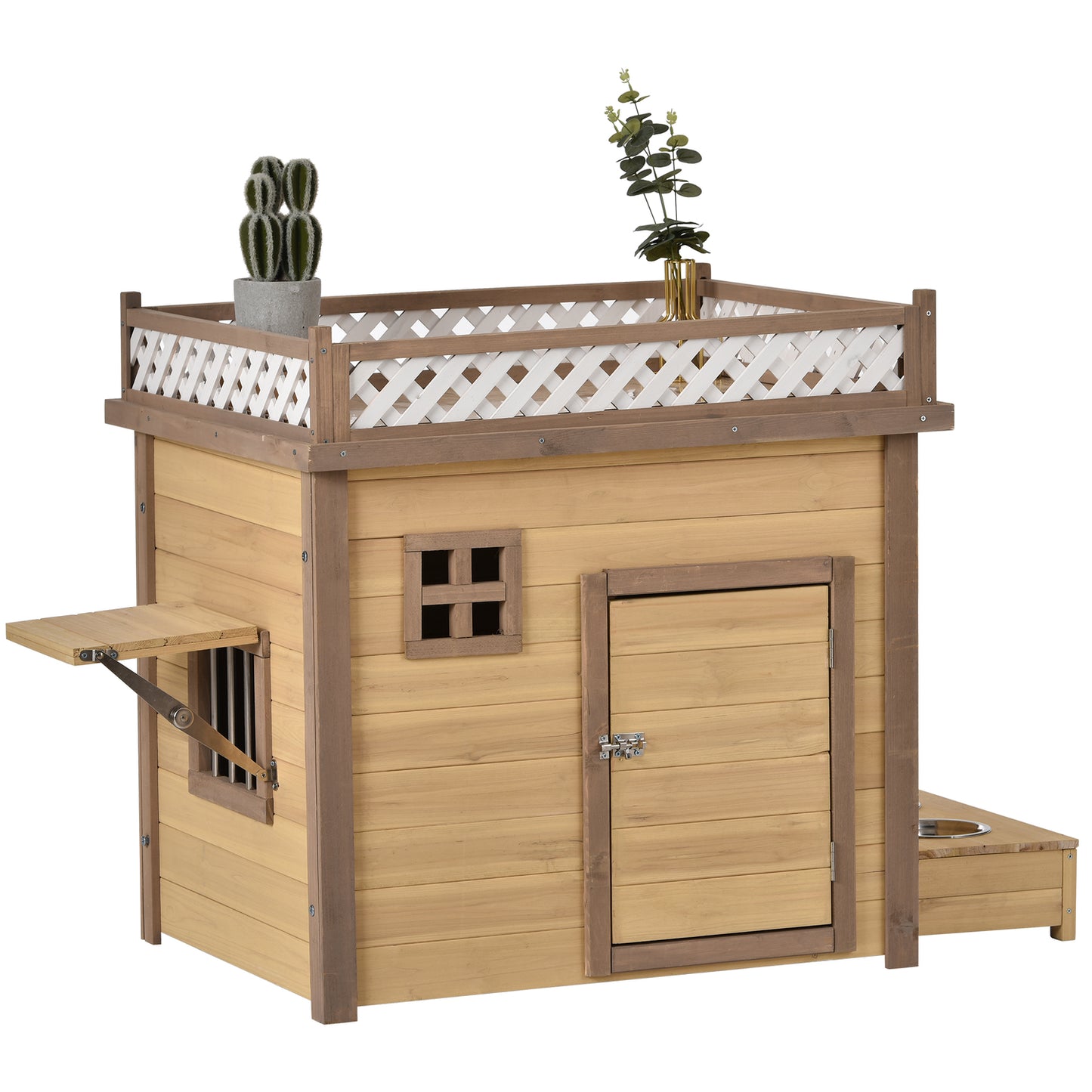 Atotoa 31.5" Wooden Dog House Puppy Shelter Kennel Outdoor & Indoor Dog Crate, with Flower Stand, Plant Stand, with Wood Feeder Animals & Pet Supplies > Pet Supplies > Dog Supplies > Dog Houses Atotoa
