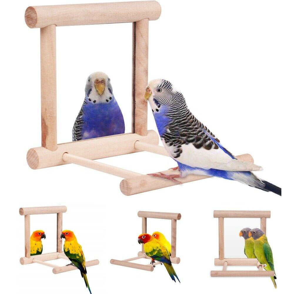 Parrot Swing Toy Wooden Bird Cage Mirror Chewing Toys Pet Bird Stand Supplies for Parrots Parakeets Cockatiels Conures Finches Budgie Parrots Love Birds by SYWAN Animals & Pet Supplies > Pet Supplies > Bird Supplies > Bird Cages & Stands SYWAN