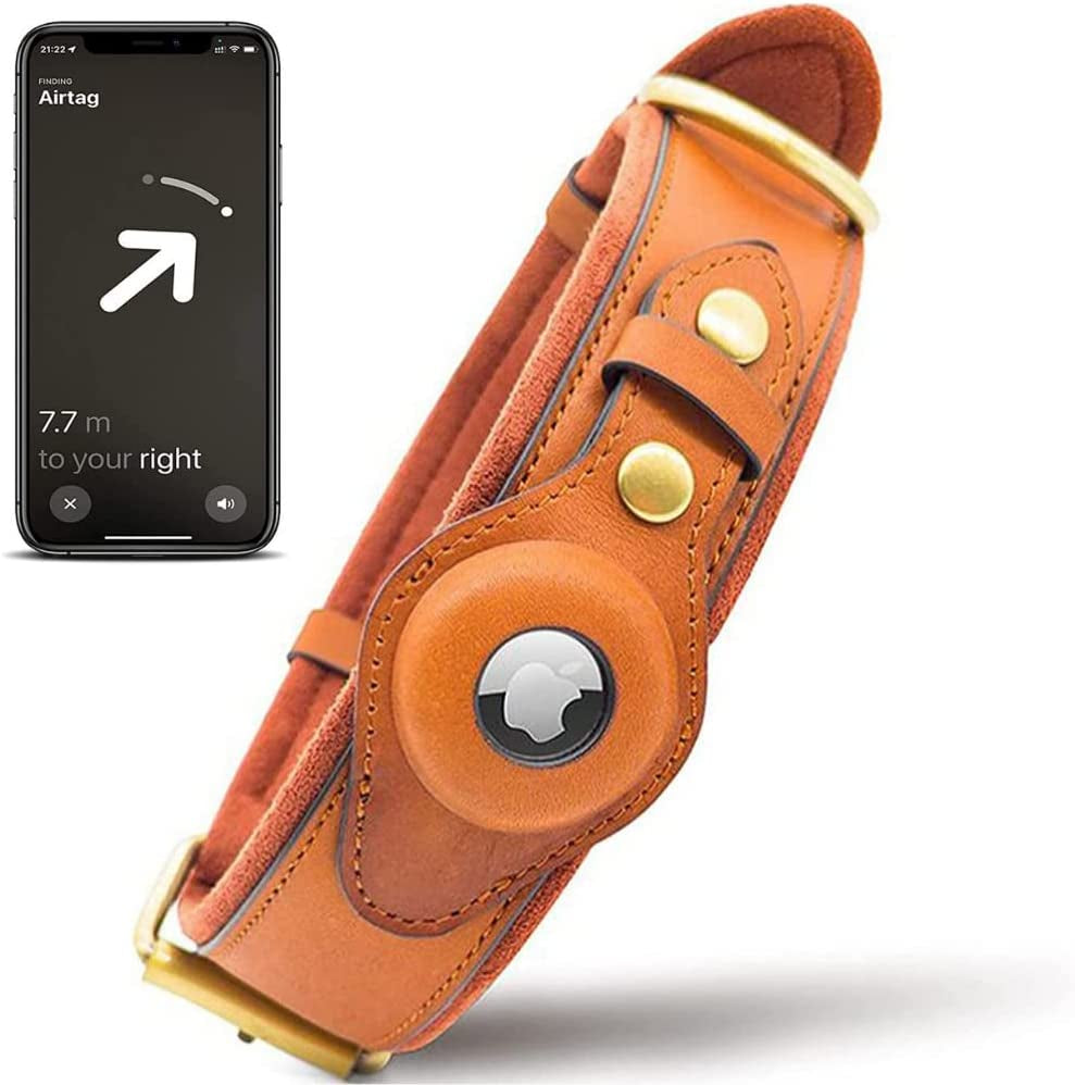 Krazytag Airtag Dog Collar with Built-In Tag Space – Luxurious Collar Premium Leather with Apple Airtag Holder for Dogs and Cats – Play-Proof Design (Medium), Brown Electronics > GPS Accessories > GPS Cases KrazyTag Brown Large