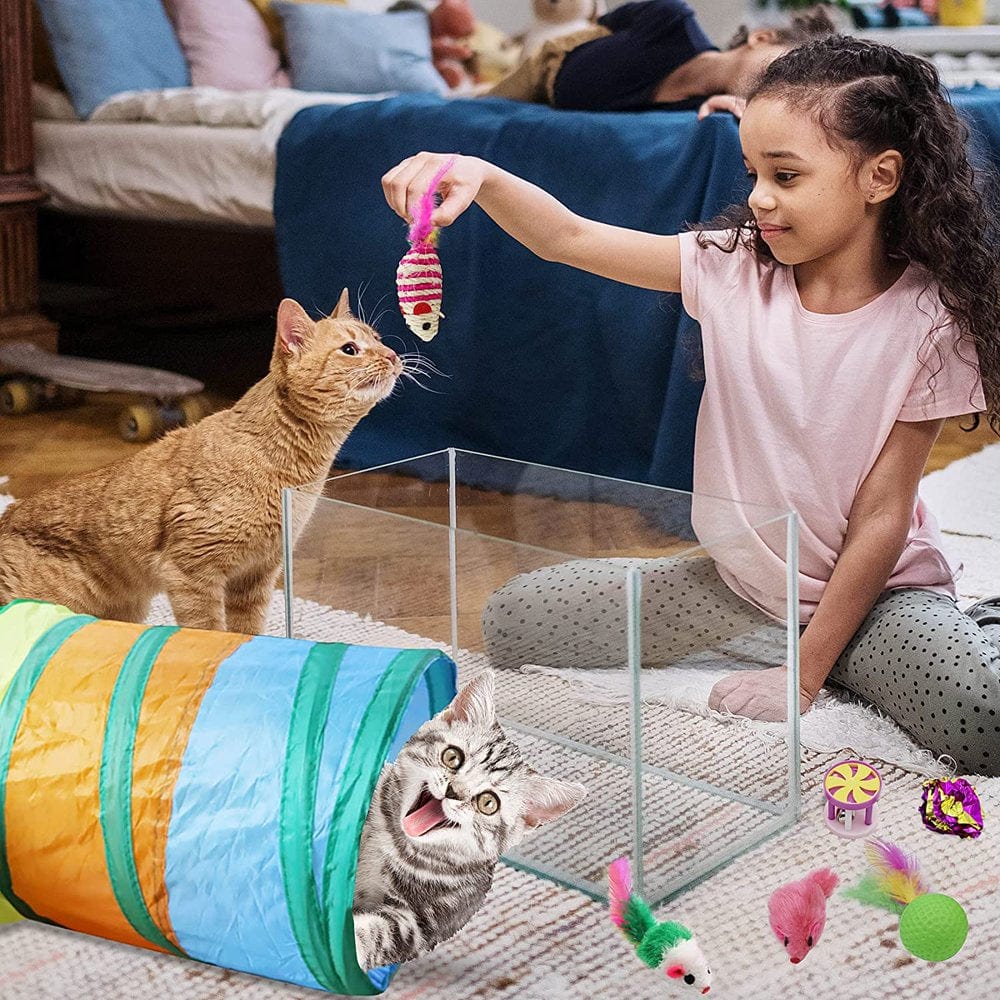 21 Pcs Cat Indoor Interactive Toys Kitten Toys Including Three-Hole Tunnel Teaser Wand Golf with Feather Balls and Mice Animals & Pet Supplies > Pet Supplies > Cat Supplies > Cat Toys AYAOQIANG
