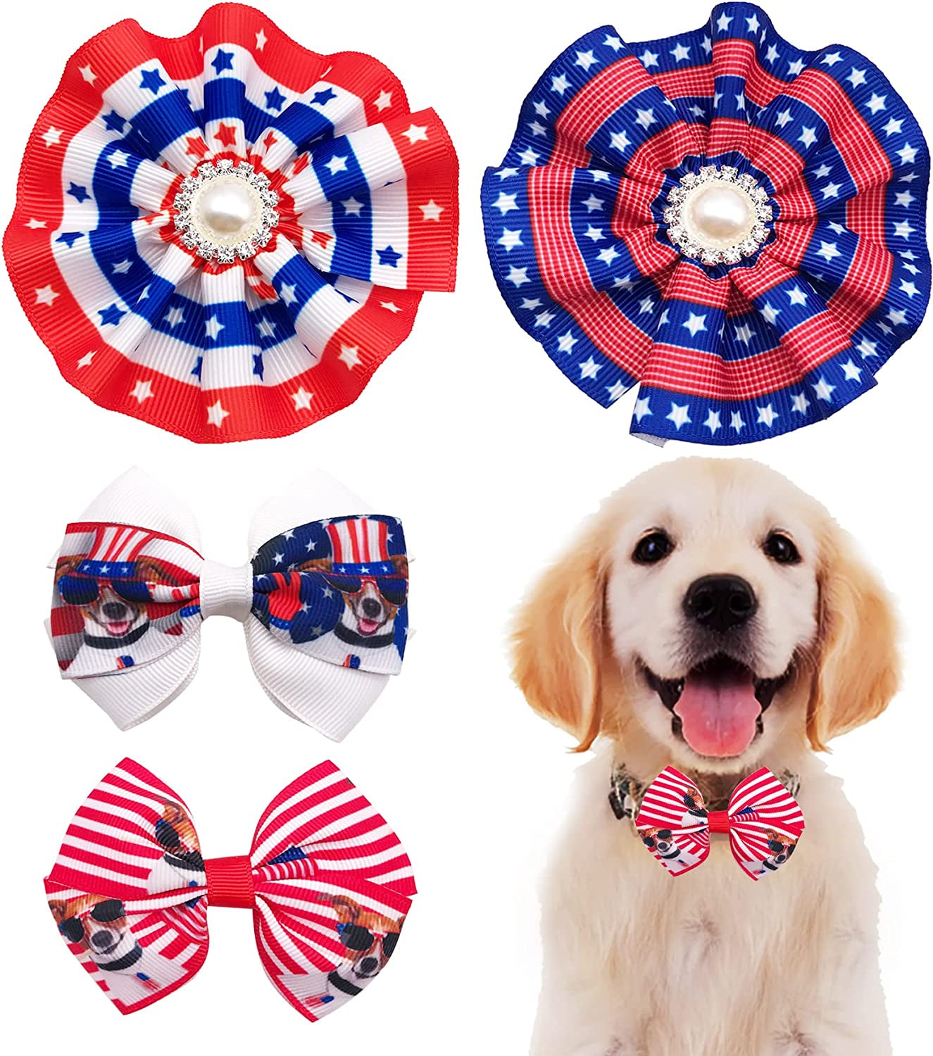 PET SHOW 4Pcs Halloween Small Dogs Collar Flowers and Bowties Charms for Cats Rabbits Slides on Puppies Medium Dog Collars Attachment Flower Bows Accessories Grooming Costumes Animals & Pet Supplies > Pet Supplies > Dog Supplies > Dog Apparel Bysitshow 4th of July