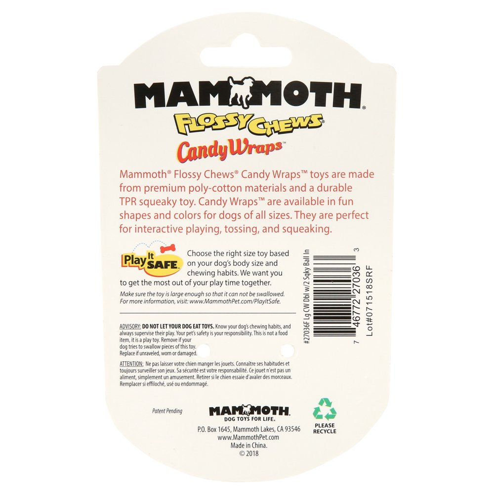 Mammoth Flossy Chews Candy Wraps Double Rope Tug Dog Toy with (2) 2.75" Squeaky Balls Inside, Large, 28" Animals & Pet Supplies > Pet Supplies > Dog Supplies > Dog Toys Mammoth Pet Products