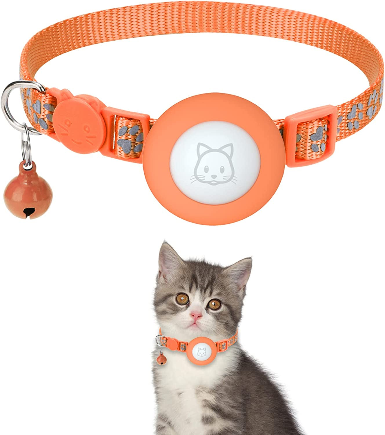 Airtag Cat Collar with Breakaway Bell, Reflective Paw Pattern Strap with Air Tag Case for Cat Kitten and Extra Small Dog (Pink) Electronics > GPS Accessories > GPS Cases Kuaguozhe Orange  