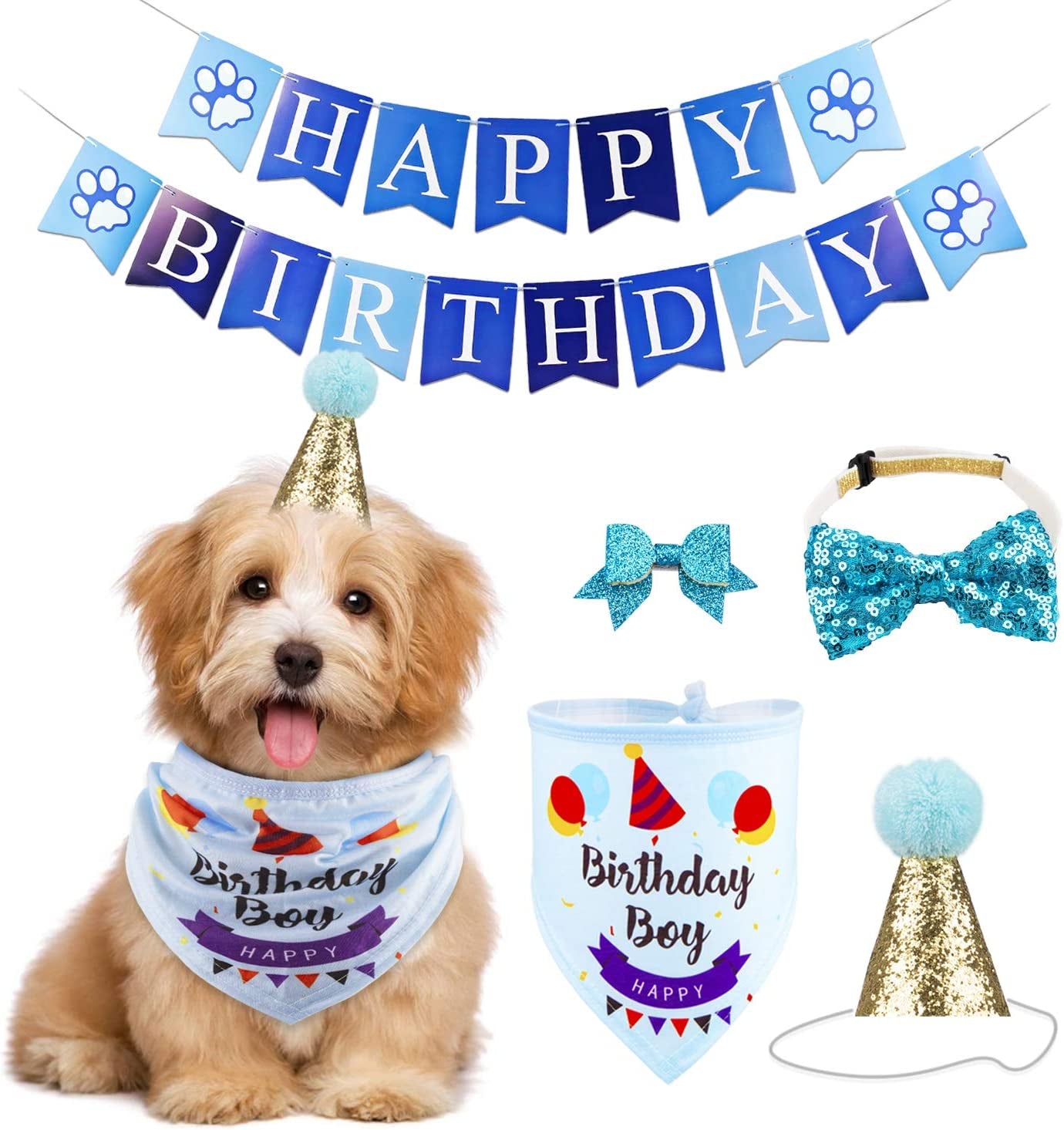 GAGILAND Dog Birthday Bandana Hat Banner Set for Medium & Large Dogs Cute Bow Tie Scarf Dog Boy Girl Birthday Party Supplies Decorations(Pink, Dog Girl) Animals & Pet Supplies > Pet Supplies > Dog Supplies > Dog Apparel GAGILAND Blue