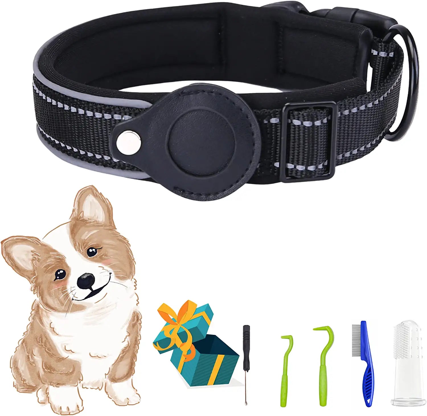 Dog Tracking Collar for Apple Airtag- Reflective Pet Collar with Airtag Holder Case, Adjustable, Durable, Stylish, Padded, Heavy-Duty Dog Collars - S, M, L, XL Size Electronics > GPS Accessories > GPS Cases ELLOY Black Medium 