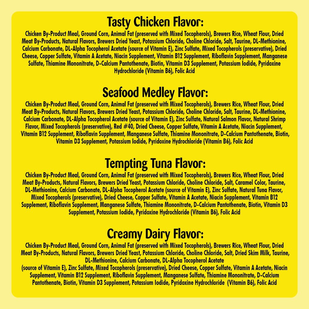 TEMPTATIONS Classic, Crunchy and Soft Cat Treats Feline Favorites Variety Pack, Seafood Medley Flavor, Tasty Chicken Flavor, Creamy Dairy Flavor, and Tempting Tuna Flavor, (4) 3 Oz. Pouches Animals & Pet Supplies > Pet Supplies > Cat Supplies > Cat Treats Mars Petcare