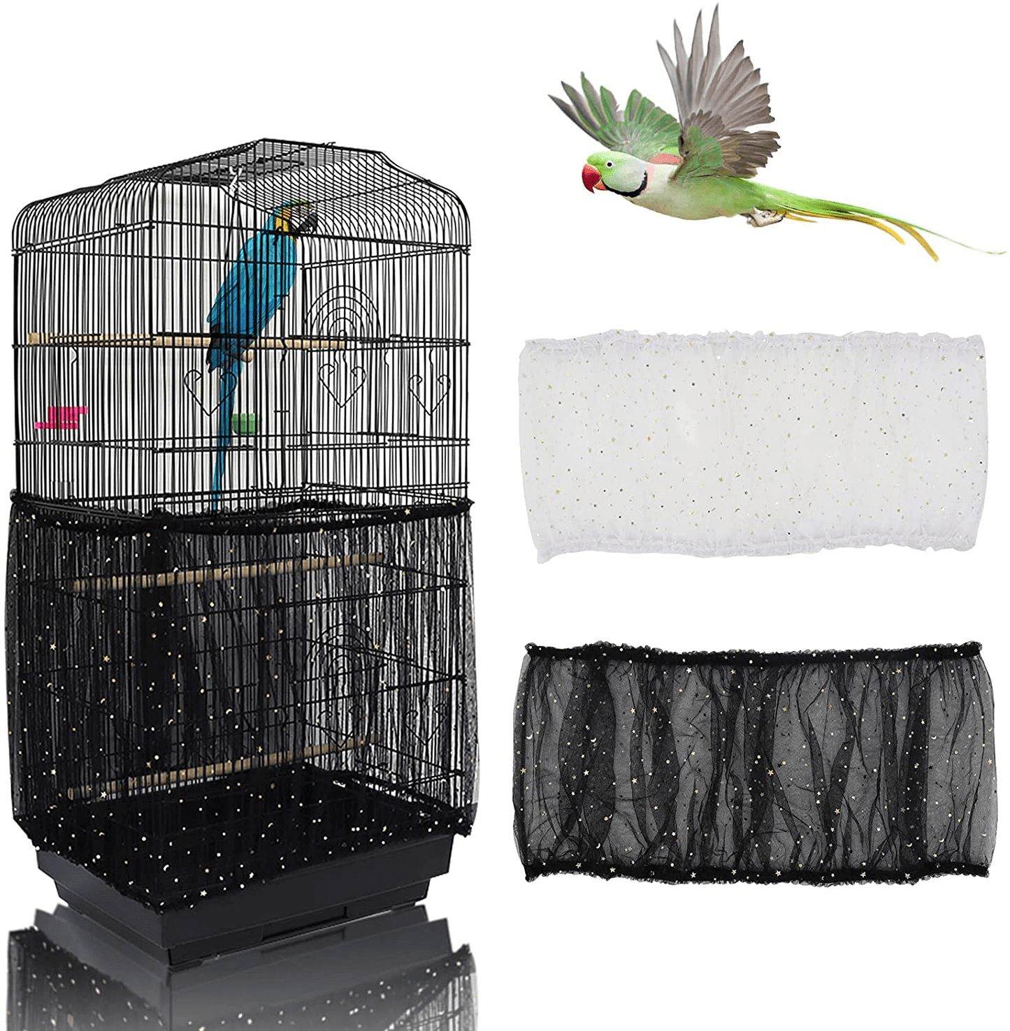 2Pcs Bird Cage Cover, Daoeny Bird Cage Seed Catcher, Soft Nylon Mesh Net with Twinkle Moon Star Sequins, Birdcage Cover Skirt Seed Guard for Parrot Parakeet Macaw round Square Cages Animals & Pet Supplies > Pet Supplies > Bird Supplies > Bird Cage Accessories Daoeny Black + White Large