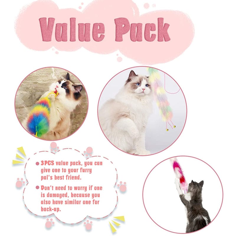 3 Pack Kitten Cat Teaser Toys Interactive Wand with Bell Feather Soft Furry Tail Animals & Pet Supplies > Pet Supplies > Cat Supplies > Cat Toys Lepawit