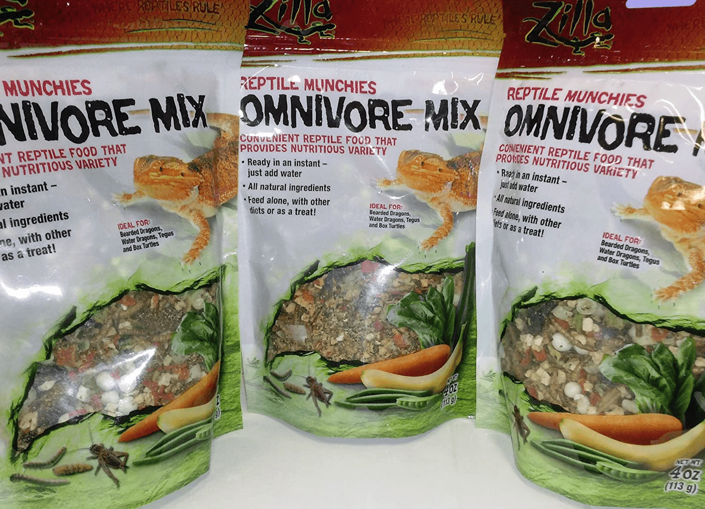 3 PACK ZILLA FREEZE DRIED REPTILE MUNCHIES OMNIVORE MIX 4 OZ (3 BAGS for a TOTAL of 12 OZ of FOOD!) Animals & Pet Supplies > Pet Supplies > Reptile & Amphibian Supplies > Reptile & Amphibian Food Zilla