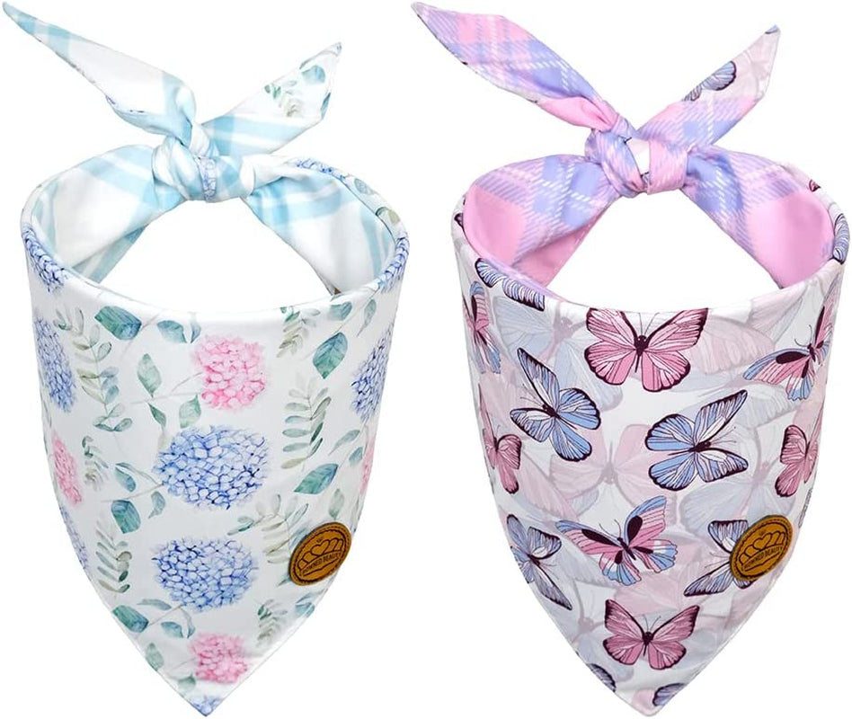 CROWNED BEAUTY Spring Dog Bandanas Reversible Large 2 Pack, Paws Set, Plaid Stripes Adjustable Triangle Holiday Purple Scarves for Medium Large Extra Large Dogs Pets DB40-L Animals & Pet Supplies > Pet Supplies > Dog Supplies > Dog Apparel CROWNED BEAUTY Floral Butterfly Set Large