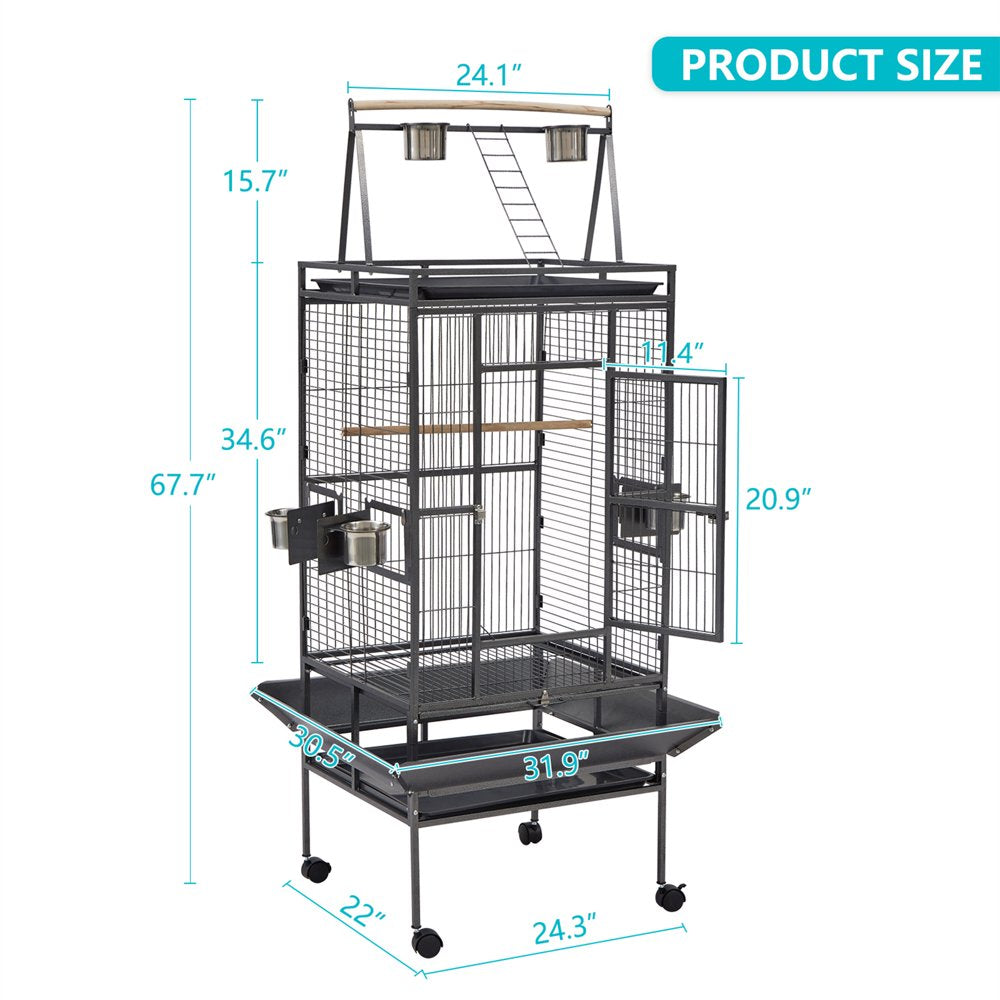Kinbor 68" Bird Cage Opening Play Top Perch with Rolling Stand Castor Wheels Feeding Bowl for Parrot Cockatiel Finch Pet House Black Animals & Pet Supplies > Pet Supplies > Bird Supplies > Bird Cages & Stands Kinbor