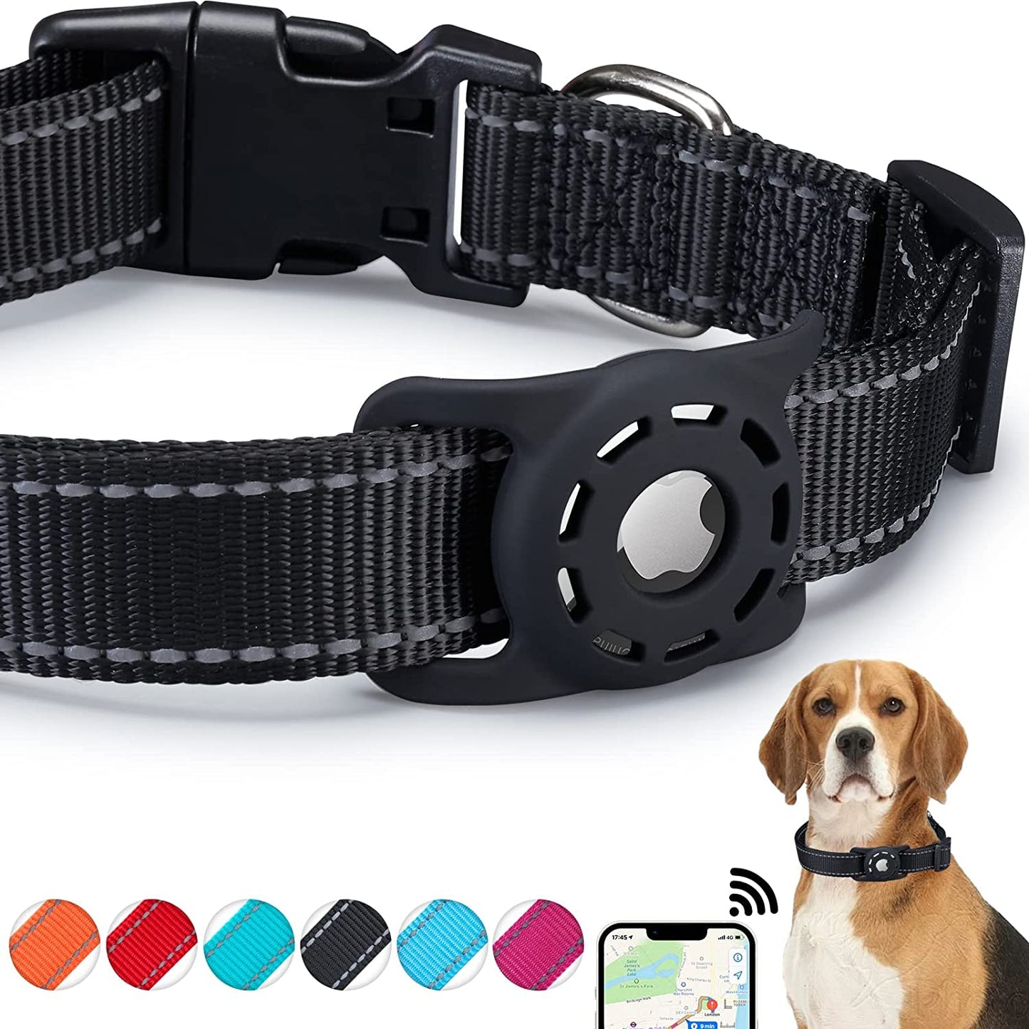 KONITY Reflective Airtag Dog Collar, Compatible with Apple Airtag, Nylon Pet Cat Puppy Collar with Silicone Airtag Holder for Small Medium Large Dogs Electronics > GPS Accessories > GPS Cases Konity Black L: 14.2"-23.6" neck 