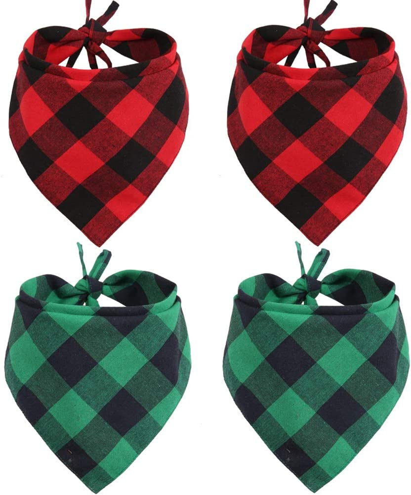Lamphyface 4 Pcs Dog Bandana Christmas Pet Triangle Scarf Accessories Bibs Red Black Plaid Animals & Pet Supplies > Pet Supplies > Dog Supplies > Dog Apparel Jiaxing Haozhe clothing Co., Ltd. 2Red+2Green Small