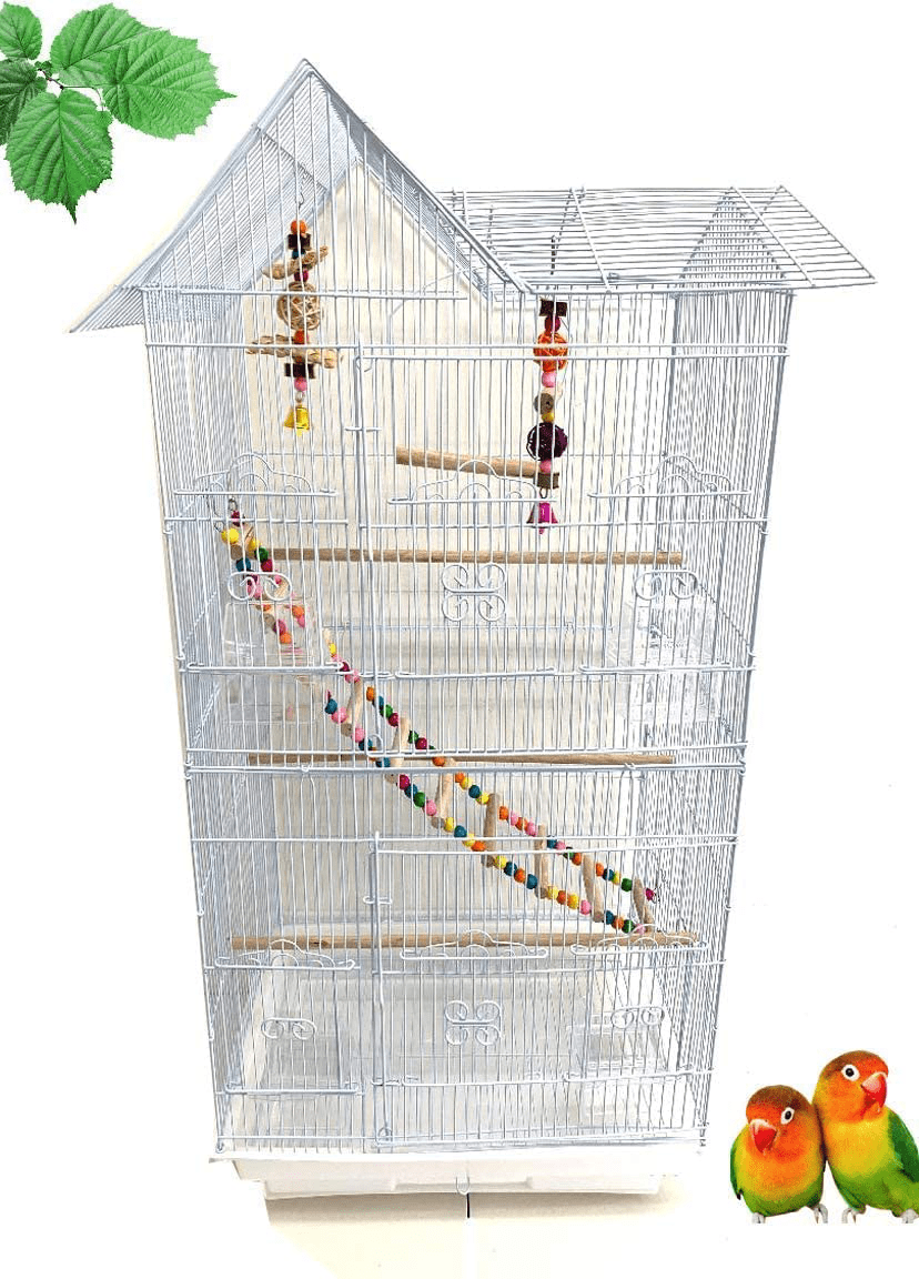 37-Inch Portable Double Roof Top Hanging Flight Bird Cage with Playing Toys for Small Parrot Cockatiel Sun Quaker Parakeet Green Cheek Conure Parrotlet Finch Canary Budgie Lovebird Travel Bird Cage Animals & Pet Supplies > Pet Supplies > Bird Supplies > Bird Cages & Stands Mcage White 18" x 14" x 37"H