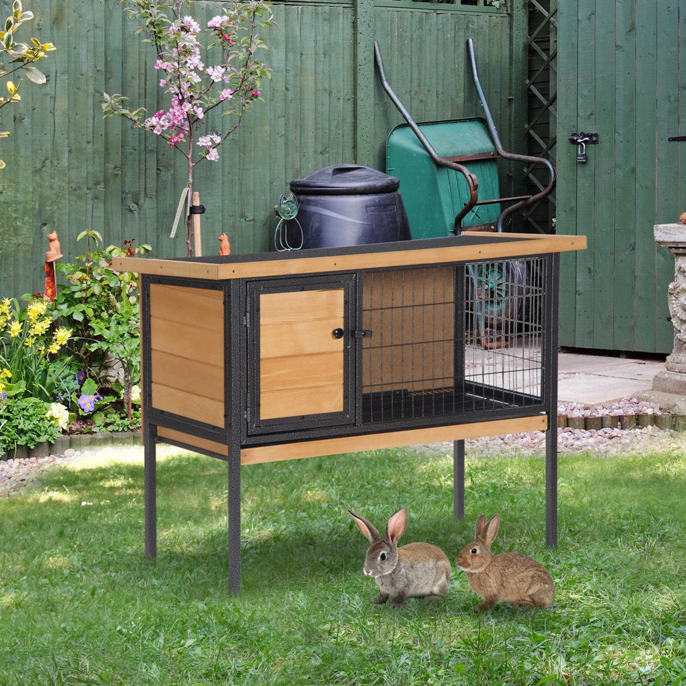 Pawhut Wooden Pet House Elevated Rabbit Hutch Bunny Cage Small Animal Habitat with Slide-Out Tray Lockable Door Openable Top Water-Resistant Asphalt Roof for Outdoor 36" X 17.75" X 27.5" Natural Wood Animals & Pet Supplies > Pet Supplies > Small Animal Supplies > Small Animal Habitats & Cages Pawhut