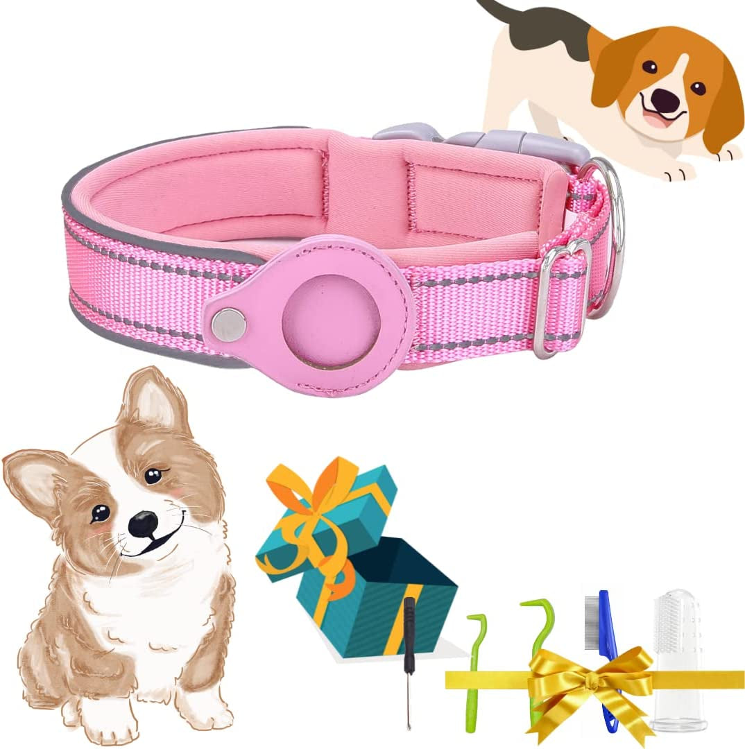 Dog Tracking Collar for Apple Airtag- Reflective Pet Collar with Airtag Holder Case, Adjustable, Durable, Stylish, Padded, Heavy-Duty Dog Collars - S, M, L, XL Size Electronics > GPS Accessories > GPS Cases ELLOY Pink XL 