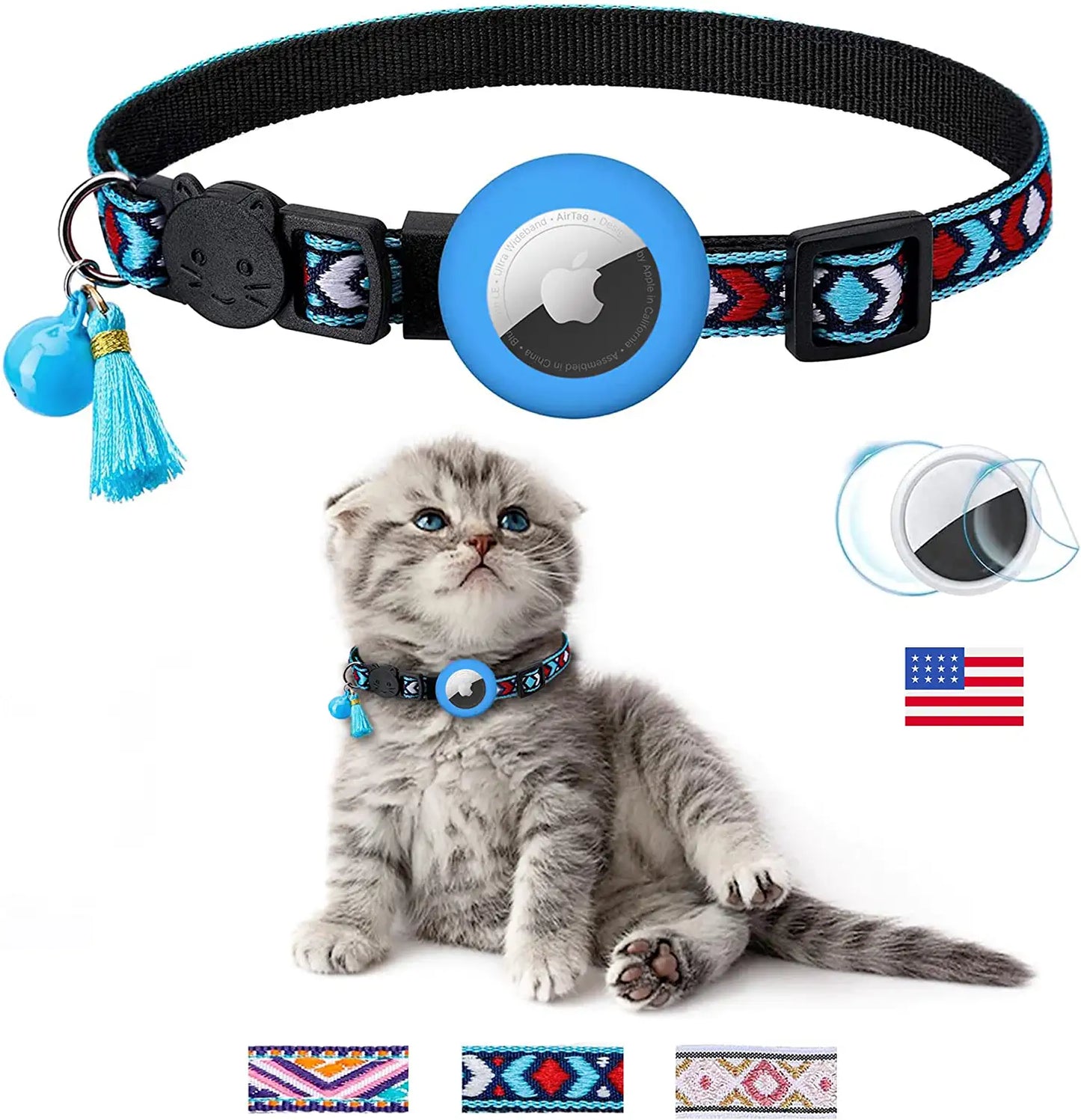 Tom & Spike- Airtag Cat Collar with Bell Adjustable Breakaway Kitten Collars:- Safety Buckle and Silicone Air Tag Holder Case Compatible with Apple Airtag Geometric Pattern Pet Collar Electronics > GPS Accessories > GPS Cases Generic Blue