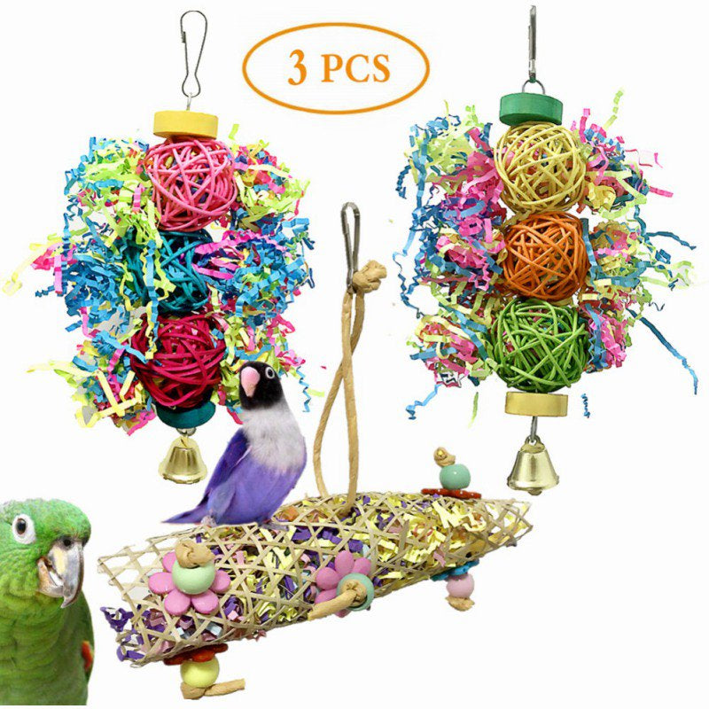 Big Clearance! 4 in 1 Pet Parrot Pot Toy, Bird Chew Toys with Stainless Steel Pot Which Hanging in Cage for Parrot Conure Cockatoo Macaw African Grey Parakeet Cockatiel Lovebird Finch Cage Animals & Pet Supplies > Pet Supplies > Bird Supplies > Bird Toys ZeHui 3 Pcs Multicolor
