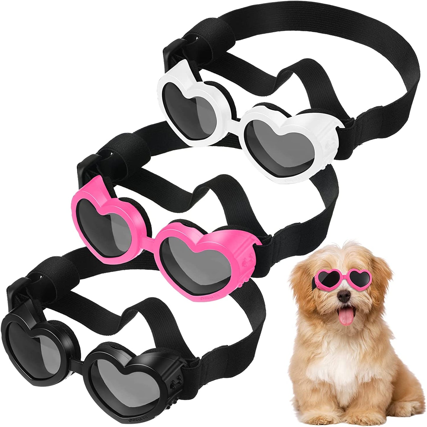 Nezyo Dog Goggles Heart Shape Dog Sunglasses Puppy UV Protection Goggles Small Breed Doggie Windproof Glasses with Adjustable Strap Medium Pets 3 Pairs (Black, Blue, Pink) Animals & Pet Supplies > Pet Supplies > Dog Supplies > Dog Apparel Nezyo White