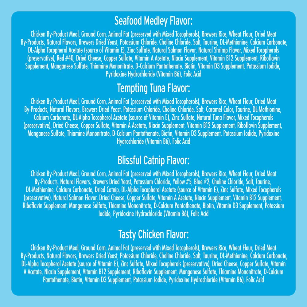 TEMPTATIONS Classic, Crunchy and Soft Cat Treats Feline Favorites Variety Pack, Seafood Medley Flavor, Tasty Chicken Flavor, Blissful Catnip Flavor, and Tempting Tuna Flavor, (6) 3 Oz. Pouches Animals & Pet Supplies > Pet Supplies > Cat Supplies > Cat Treats Mars Petcare