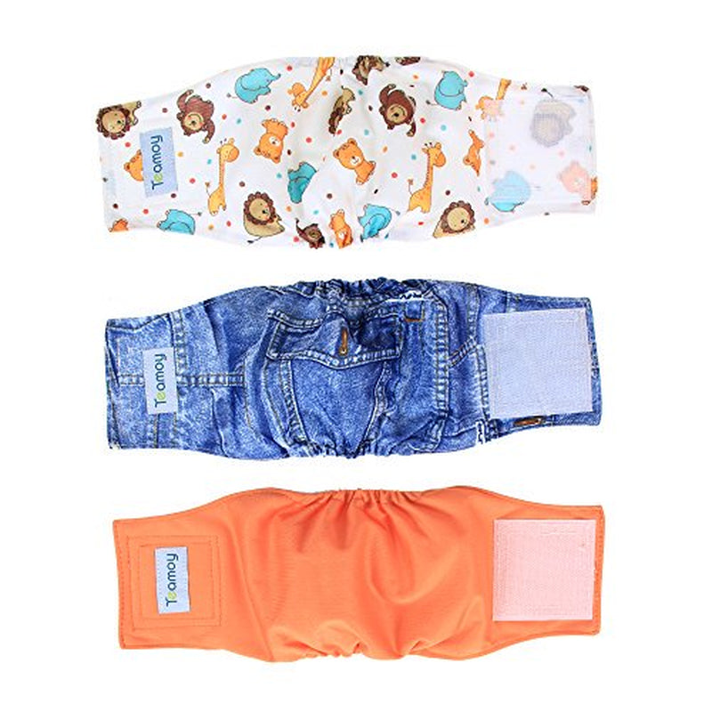 Teamoy Reusable Wrap Diapers for Male Dogs, Washable Puppy Belly Band Pack of 3 (XS, 7"-9" Waist, Orange+ Denim+ Fat Smile) Animals & Pet Supplies > Pet Supplies > Dog Supplies > Dog Diaper Pads & Liners Damero INC