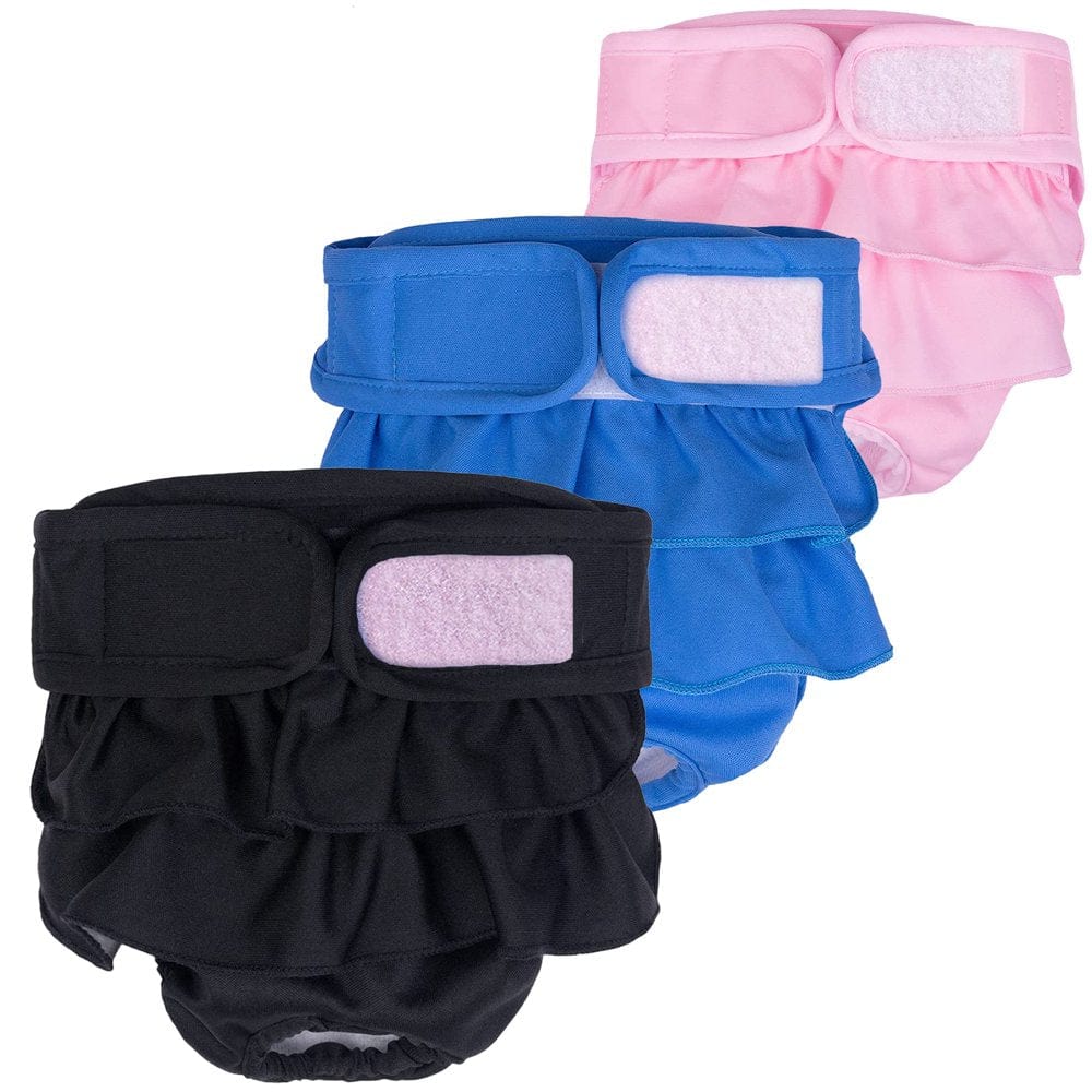 3Pack, Washable Female Dog Diapers, Reusable Doggies Diapers and Puppies Dogs Heat Panties for Girl Dogs Periods Pink/Purple/Gray Animals & Pet Supplies > Pet Supplies > Dog Supplies > Dog Diaper Pads & Liners DERTHADEIG XXL Blue/Pink/Black