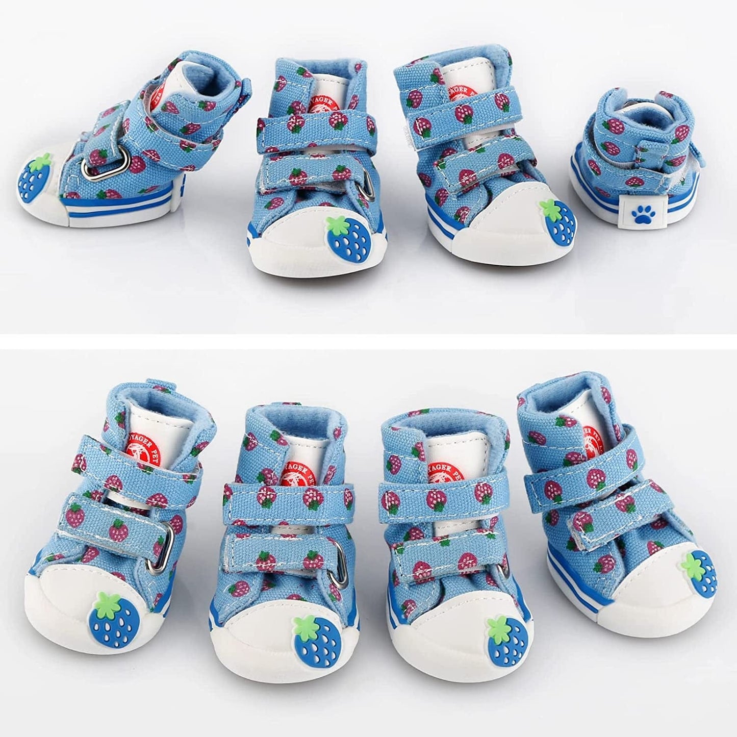 4 Pcs Pet Shoes Puppy Non-Slip Casual Boot Shoes, Blue Cute Strawberry Canvas Anti-Drop Straps Shoes for Small Medium Dogs (5#) Animals & Pet Supplies > Pet Supplies > Dog Supplies > Dog Apparel JIZEUO