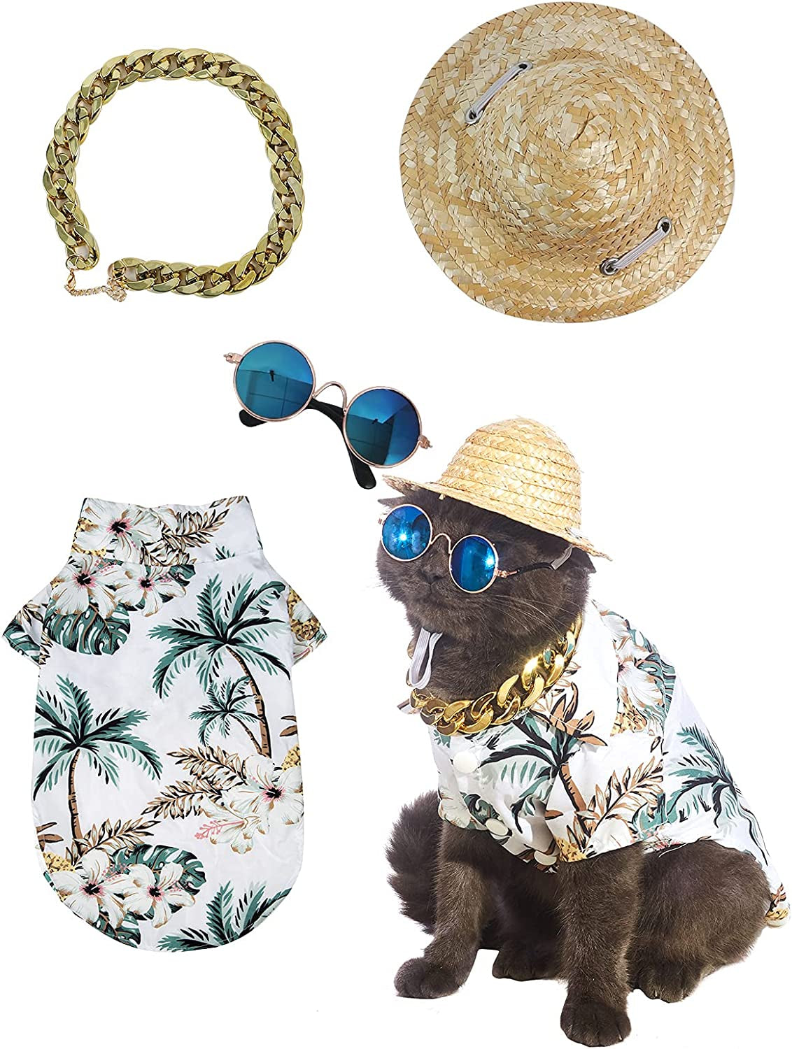 Impoosy Hawaiian Dog T Shirts Pet Summer Clothes Cat Sunglasses Funny Straw Hat Kitten Costumes with Gold Chain Collar (Large,Blue) Animals & Pet Supplies > Pet Supplies > Dog Supplies > Dog Apparel Impoosy White Large (Neck:12.5"Bust:19.3")