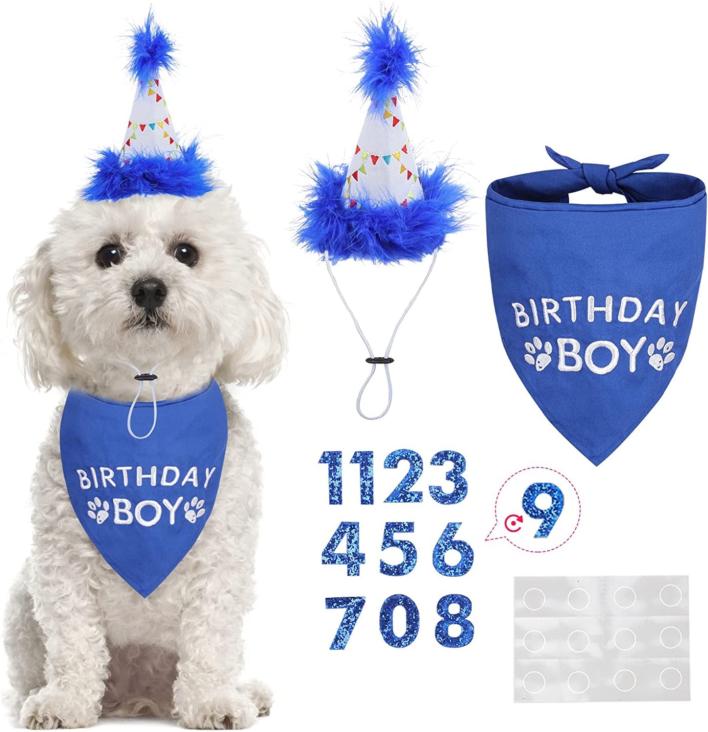 BINGPET Dog Birthday Bandana Girl Scarf and Reusable Dog Birthday Hat with 0-8 Figures Animals & Pet Supplies > Pet Supplies > Dog Supplies > Dog Apparel BINGPET Blue