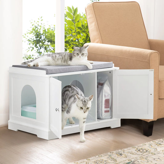 Large Wooden Cat Litter Box Enclosure, Washroom Storage Cabinet Bench with Pad, Side Table Furniture for Living Room White Animals & Pet Supplies > Pet Supplies > Cat Supplies > Cat Furniture LMT INC White  
