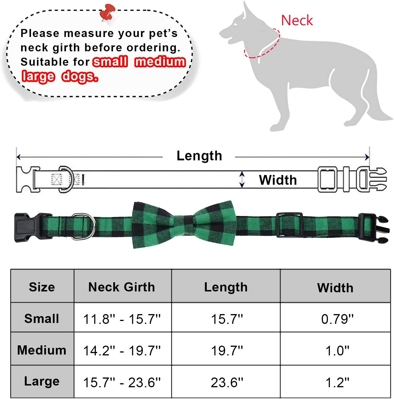 Malier 2 Pack Dog Collar with Bow Tie, Christmas Classic Plaid Pattern Dog Collar with Light Adjustable Buckle Suitable for Small Medium Large Dogs Cats Pets (Small, Red + Green) Animals & Pet Supplies > Pet Supplies > Dog Supplies > Dog Apparel Malier