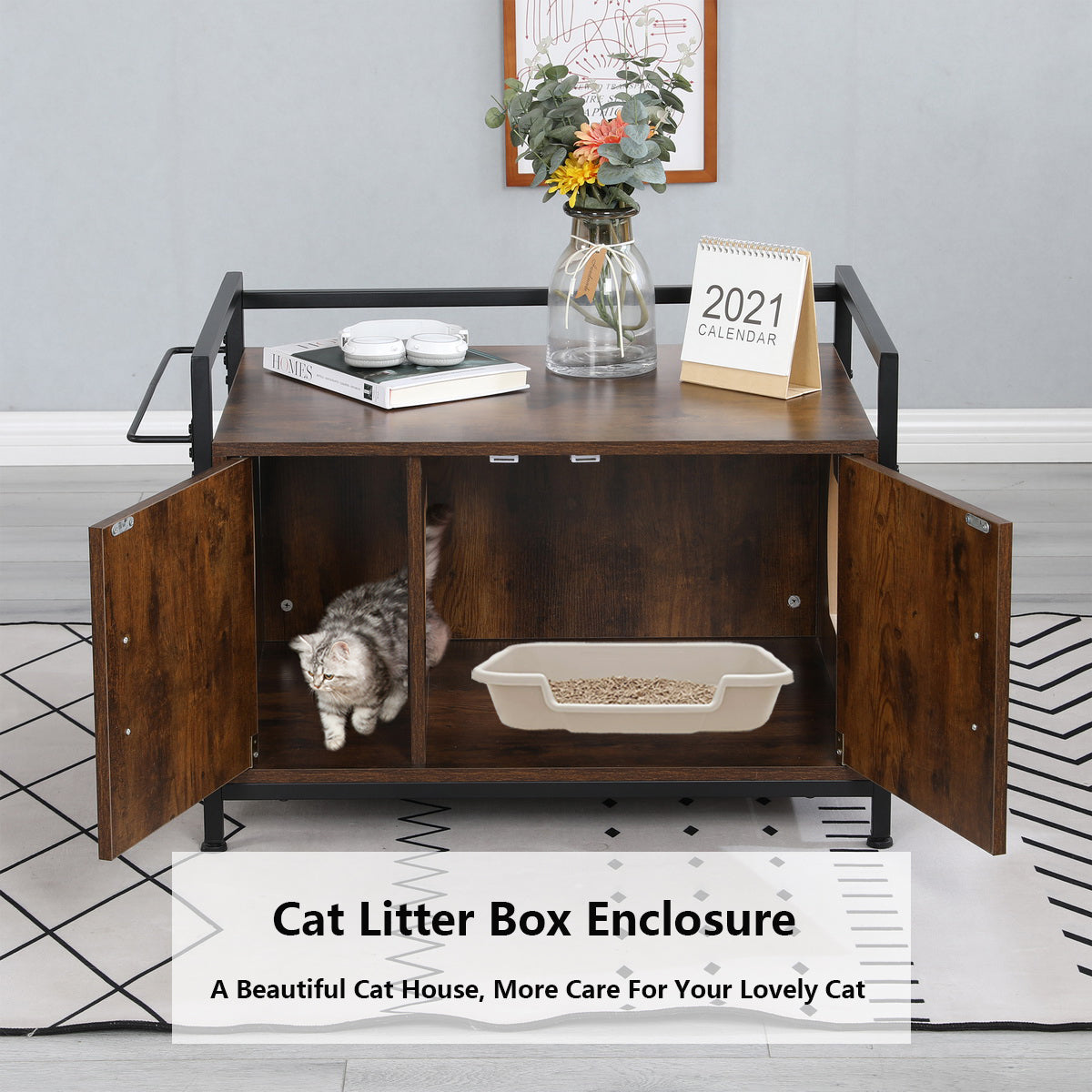 Cat Litter Box Enclosure with Metal Frame, Privacy Cat Washroom Bench, Litter Box Hidden, Pet Crate with Iron and Wood Sturdy Structure, Cat House Nightstand Animals & Pet Supplies > Pet Supplies > Cat Supplies > Cat Furniture Cat Washroom Litter Box Hidden