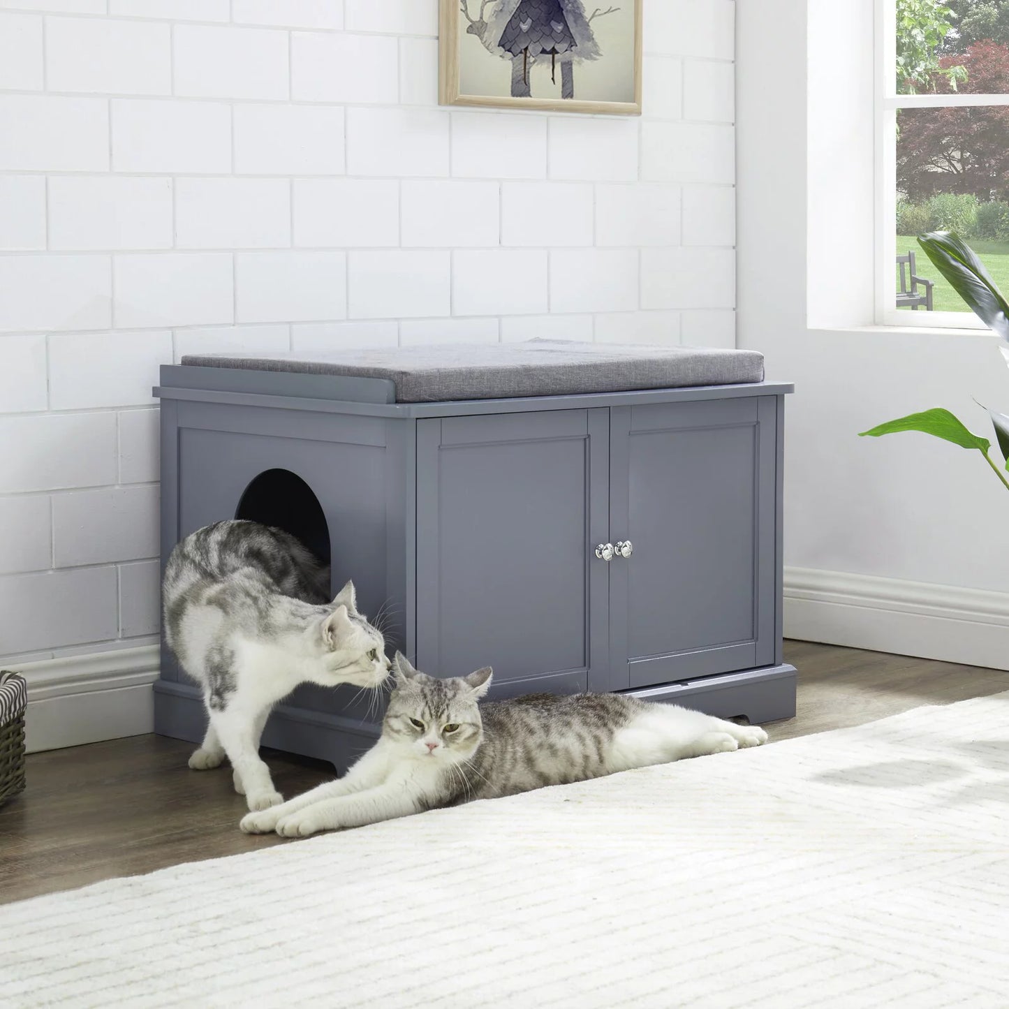 Large Wooden Cat Litter Box Enclosure, Washroom Storage Cabinet Bench with Pad, Side Table Furniture for Living Room White Animals & Pet Supplies > Pet Supplies > Cat Supplies > Cat Furniture LMT INC Gray