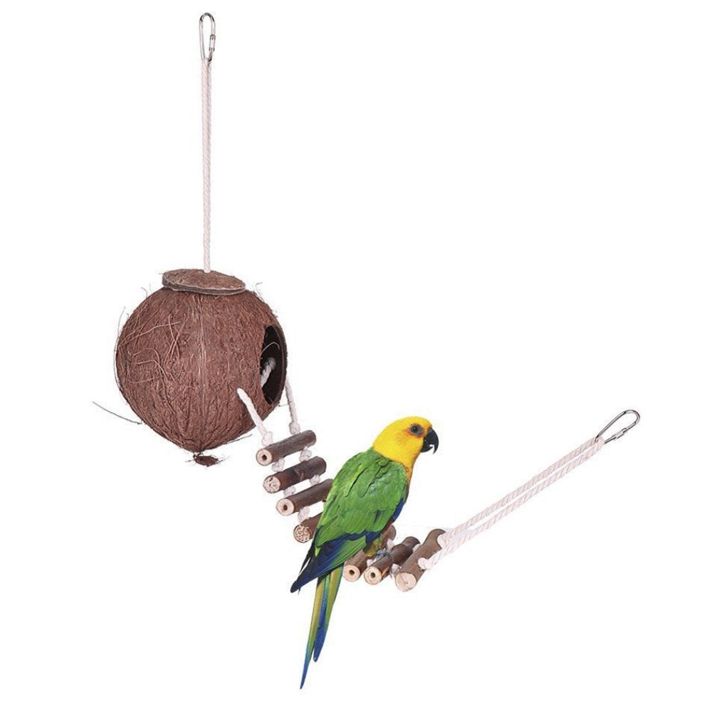 Pet Enjoy Hanging Coconut Bird Nest Hut with Ladder,Natural Coconut Fiber Shell Bird Nest for Parrots Parakeet Conures Cockatiel,Small Animals House Pet Cage Habitats Decor Animals & Pet Supplies > Pet Supplies > Small Animal Supplies > Small Animal Habitats & Cages Pet Enjoy