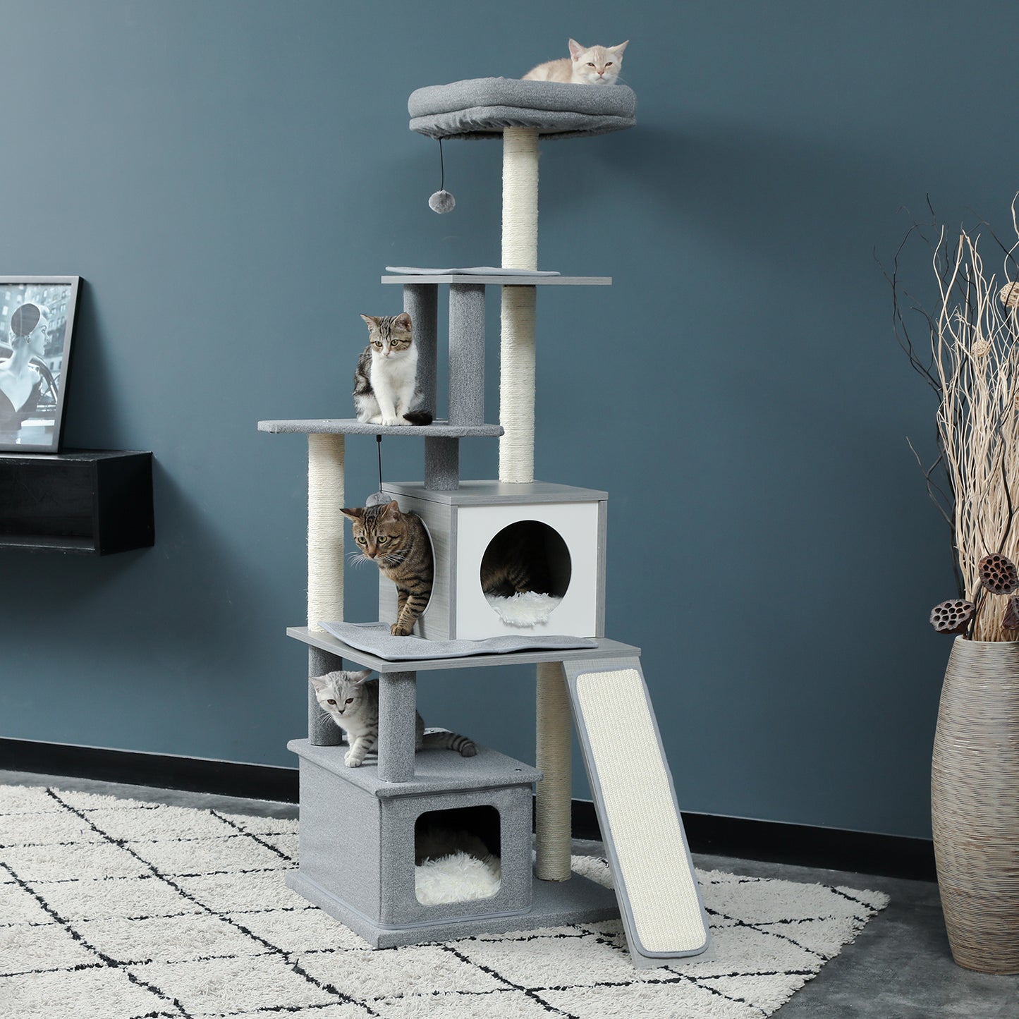 Rarewo Modern Wood Cat Tree Cats Multi Floor Large Play Tower Sisal Scratching Post Kitten Furniture Activity Centre with Condo Playhouse Dangling Toy Grey Animals & Pet Supplies > Pet Supplies > Cat Supplies > Cat Furniture Rarewo