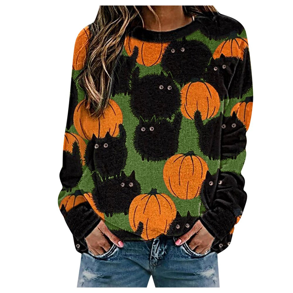 Follure Women Halloween Tops T-Shirt Black Cats Pumpkin Print Long Sleeve Crenwck Pullover Sweatshirt Animals & Pet Supplies > Pet Supplies > Cat Supplies > Cat Apparel Follure Halloween Pullover #Green XXL