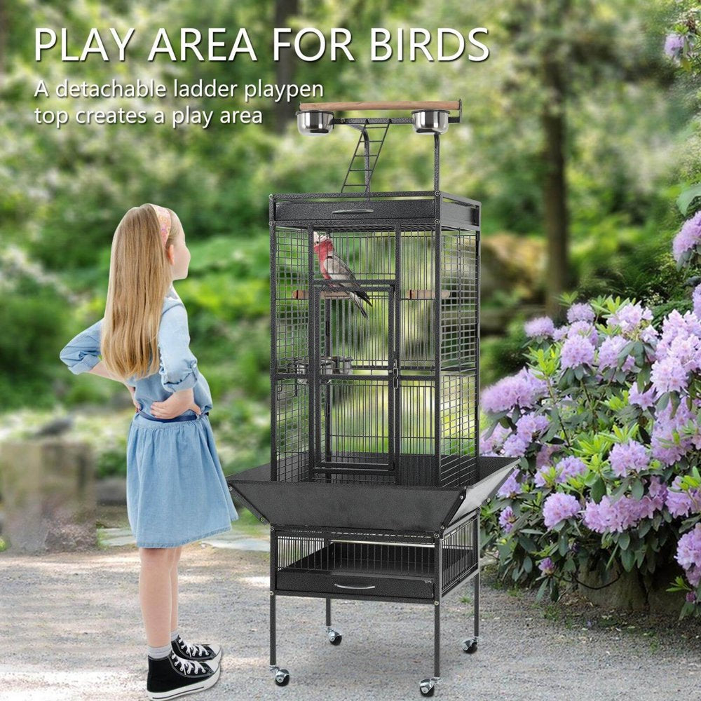 Niamvelo 61’’Large Iron Birdcage Wrought Parrot Cage with Play Top and Rolling Stand for Parakeets and Lovebirds,Black Animals & Pet Supplies > Pet Supplies > Bird Supplies > Bird Cages & Stands NiamVelo