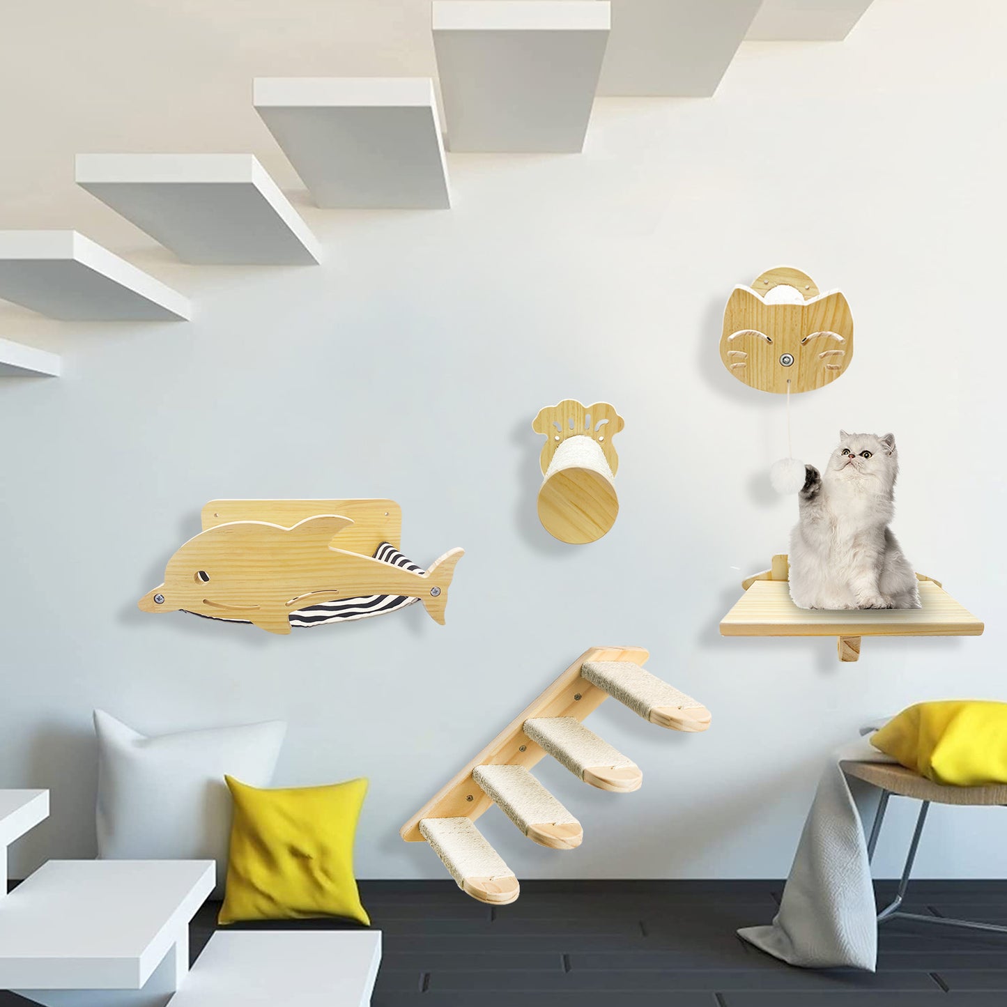 Arkham Pet Cat Climbing Shelf Wall Mounted, 4 Steps Cat Stairway with Sisal Rope Scratching for Cats Perch Platform, Cat Wall Furniture, Reversible Direction Cat Wall Stairs Ladder Animals & Pet Supplies > Pet Supplies > Cat Supplies > Cat Furniture Arkham Pet